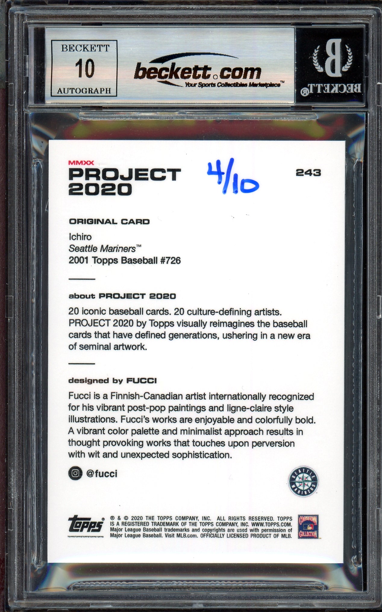 Ichiro Suzuki Autographed Topps Project 2020 Fucci Card #243 Seattle Mariners Auto Grade Gem Mint 10 Lime Green #/10 Beckett BAS Stock #201009
