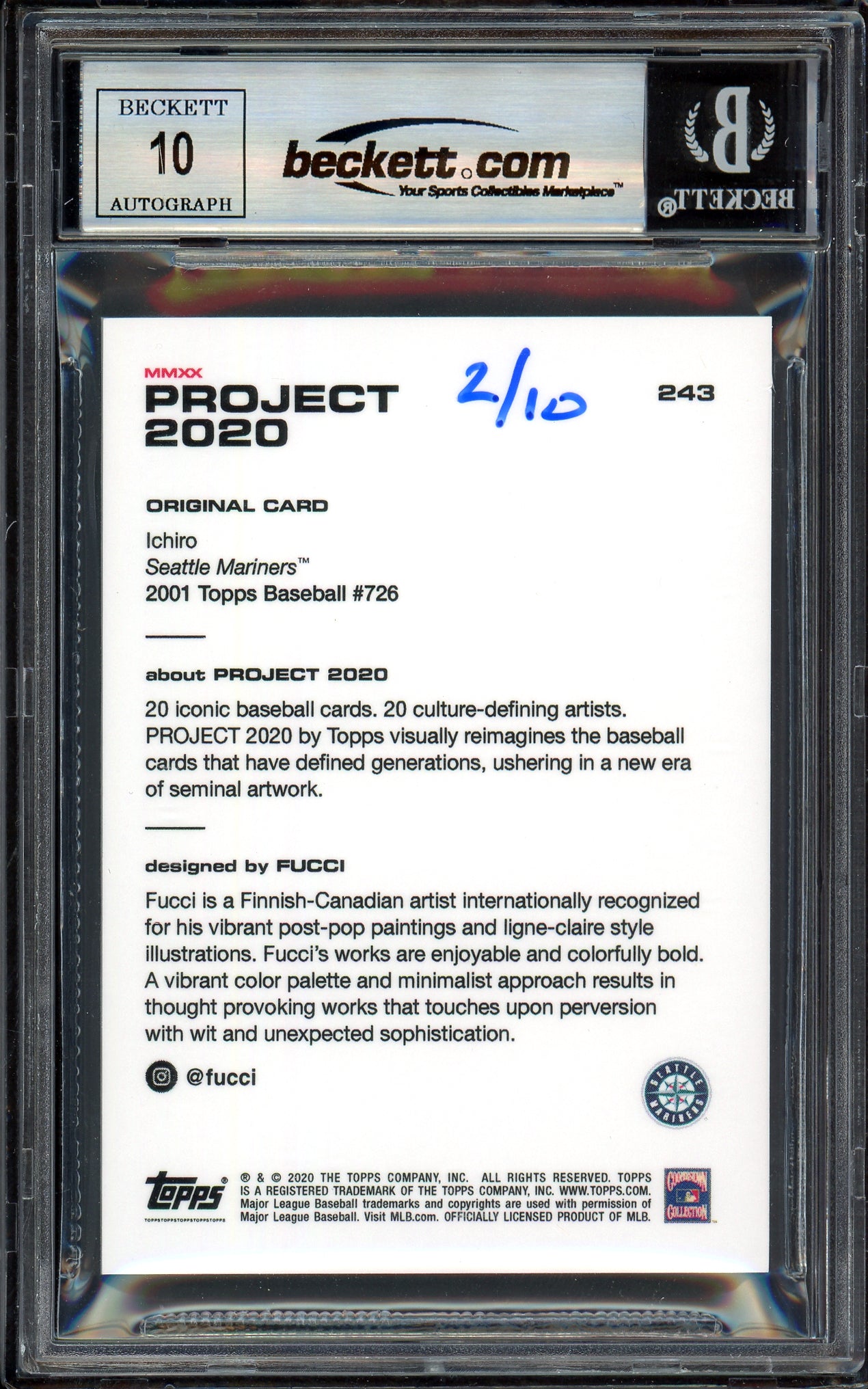 Ichiro Suzuki Autographed Topps Project 2020 Fucci Card #243 Seattle Mariners Auto Grade Gem Mint 10 Black #/10 Beckett BAS Stock #201010