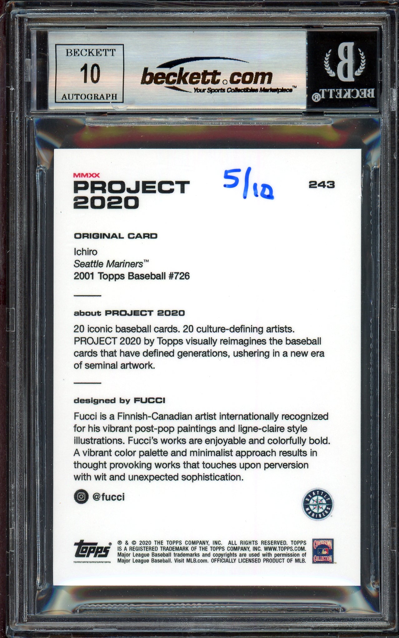 Ichiro Suzuki Autographed Topps Project 2020 Fucci Card #243 Seattle Mariners Auto Grade Gem Mint 10 Teal #5/10 Beckett BAS #13713089