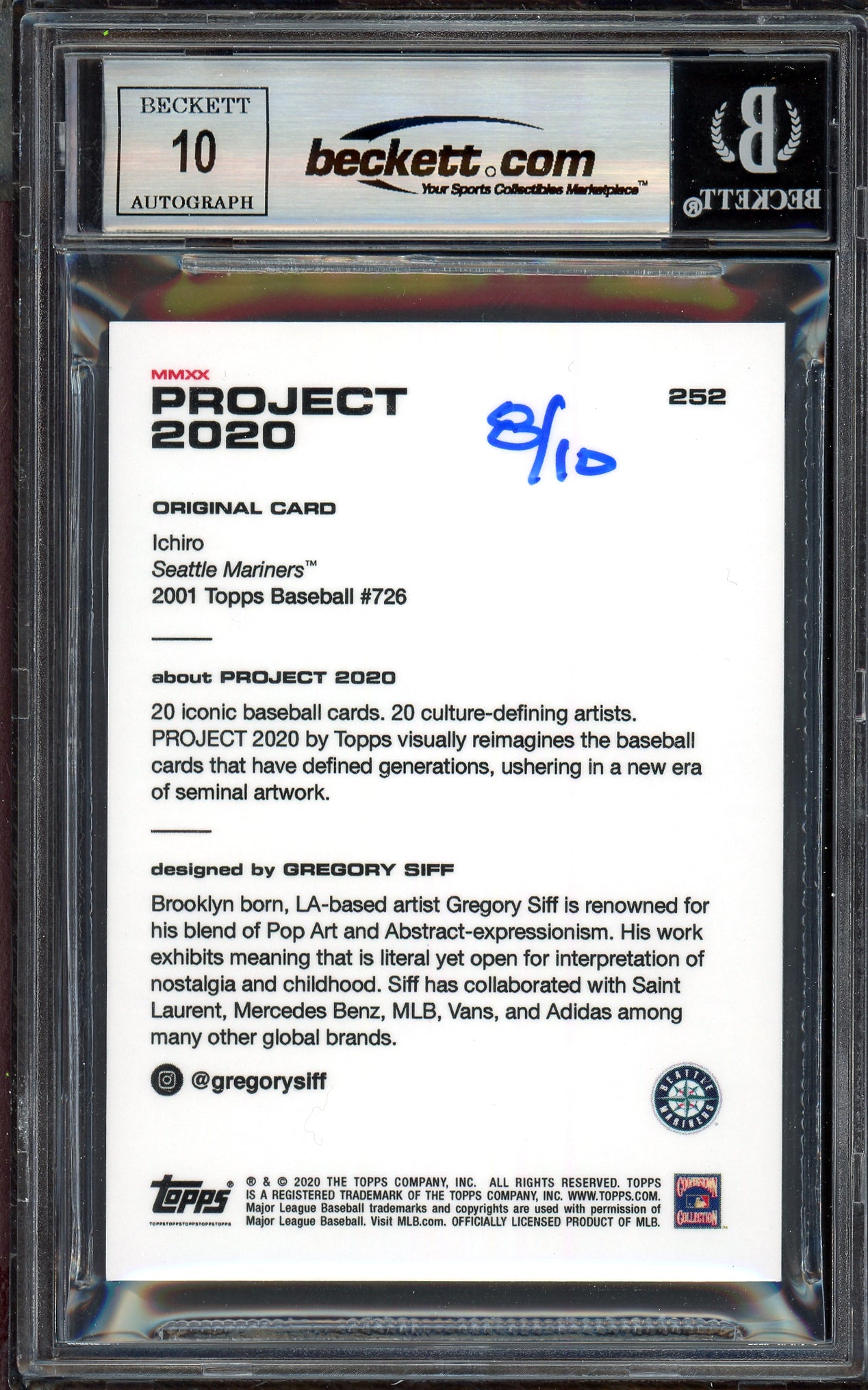 Ichiro Suzuki Autographed Topps Project 2020 Gregory Siff Card #252 Seattle Mariners Auto Grade Gem Mint 10 Blue #/10 Beckett BAS Stock #201013