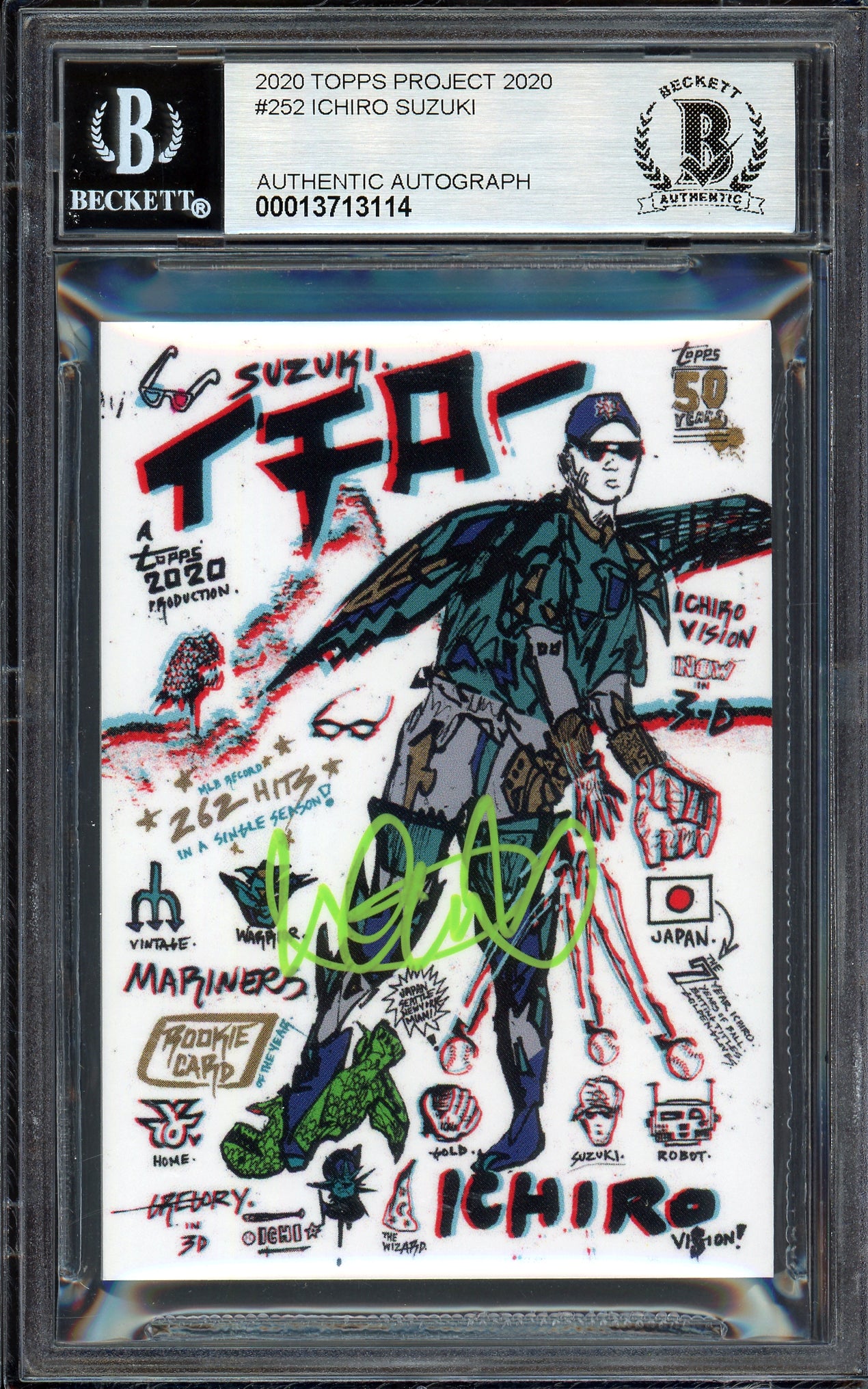 Ichiro Suzuki Autographed Topps Project 2020 Gregory Siff Card #252 Seattle Mariners Auto Grade Gem Mint 10 Lime Green #/10 Beckett BAS Stock #201014