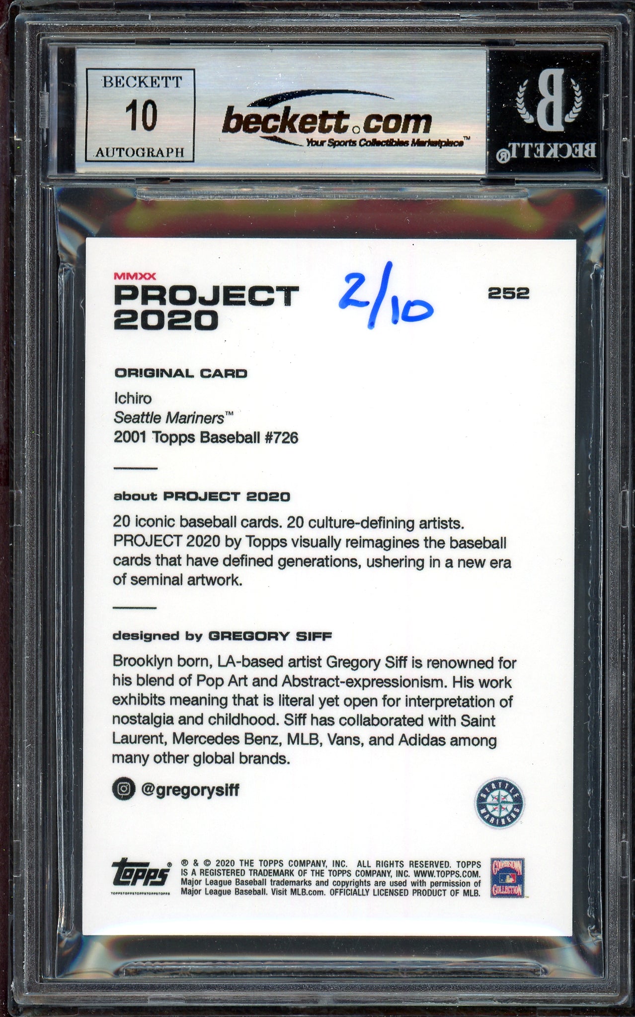 Ichiro Suzuki Autographed Topps Project 2020 Gregory Siff Card #252 Seattle Mariners Auto Grade Gem Mint 10 Black #/10 Beckett BAS Stock #201015