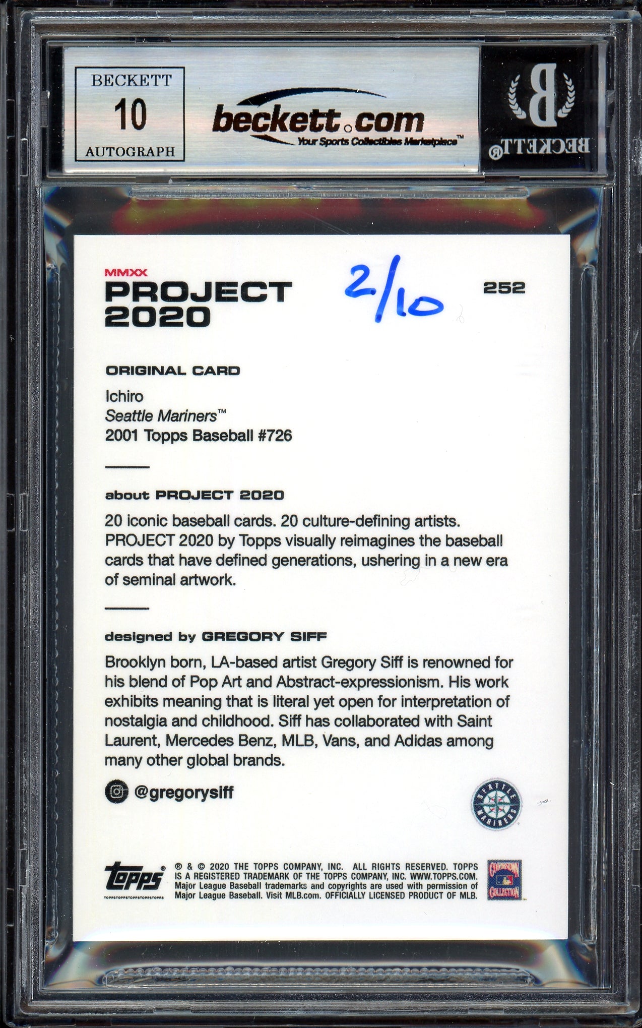 Ichiro Suzuki Autographed Topps Project 2020 Gregory Siff Card #252 Seattle Mariners Auto Grade Gem Mint 10 Teal #/10 Beckett BAS Stock #201016