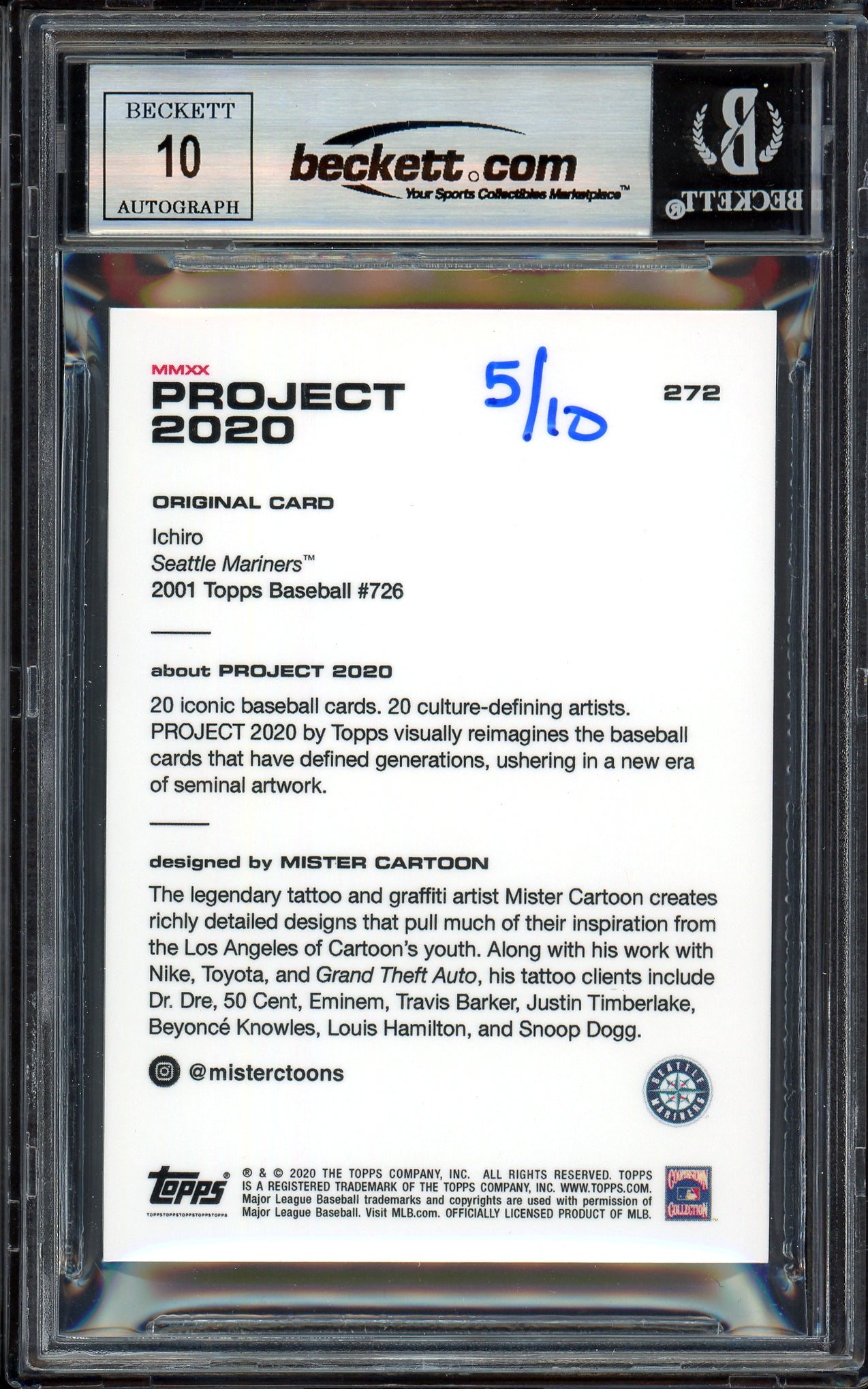 Ichiro Suzuki Autographed Topps Project 2020 Mister Cartoon Card #272 Seattle Mariners Auto Grade Gem Mint 10 Black #/10 Beckett BAS Stock #201020
