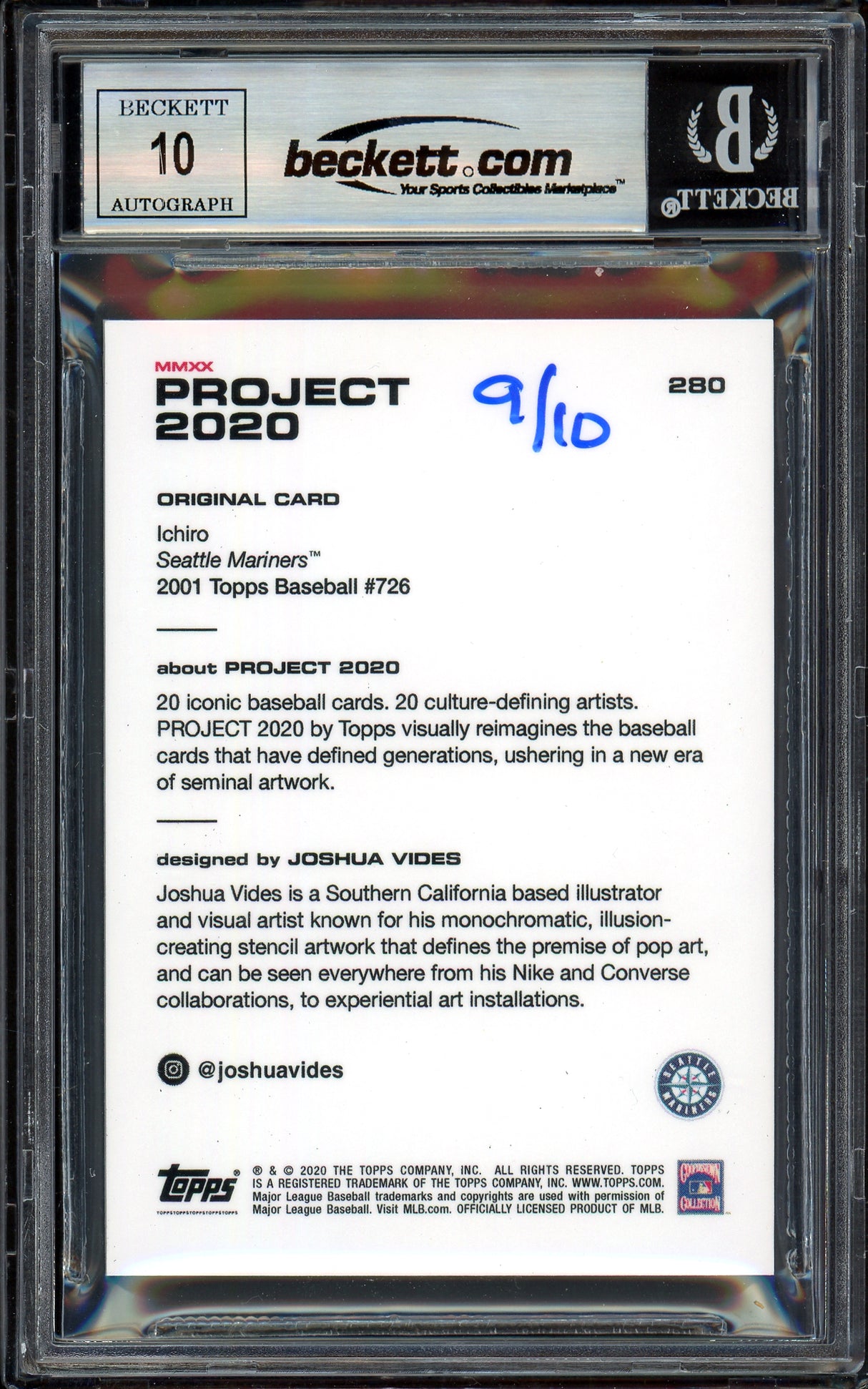 Ichiro Suzuki Autographed Topps Project 2020 Joshua Vides Card #280 Seattle Mariners Auto Grade Gem Mint 10 Lime Green #/10 Beckett BAS Stock #201026