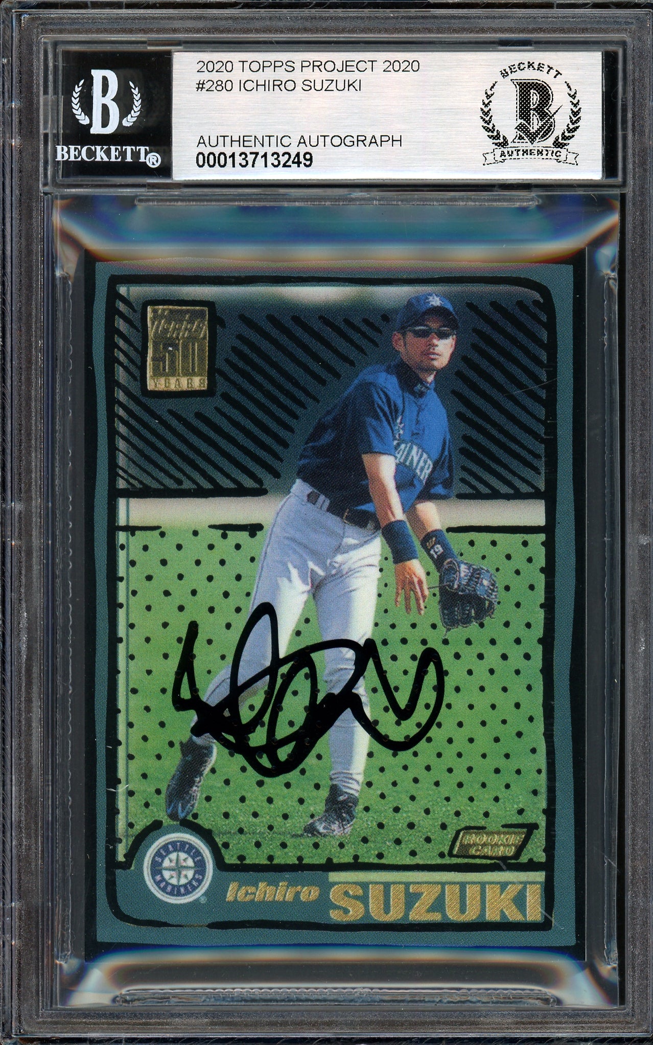 Ichiro Suzuki Autographed Topps Project 2020 Joshua Vides Card #280 Seattle Mariners Auto Grade Gem Mint 10 Black #/10 Beckett BAS Stock #201027