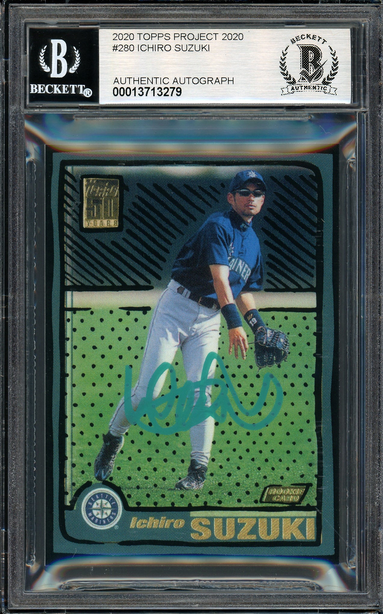 Ichiro Suzuki Autographed Topps Project 2020 Joshua Vides Card #280 Seattle Mariners Auto Grade Gem Mint 10 Teal #/10 Beckett BAS Stock #201028