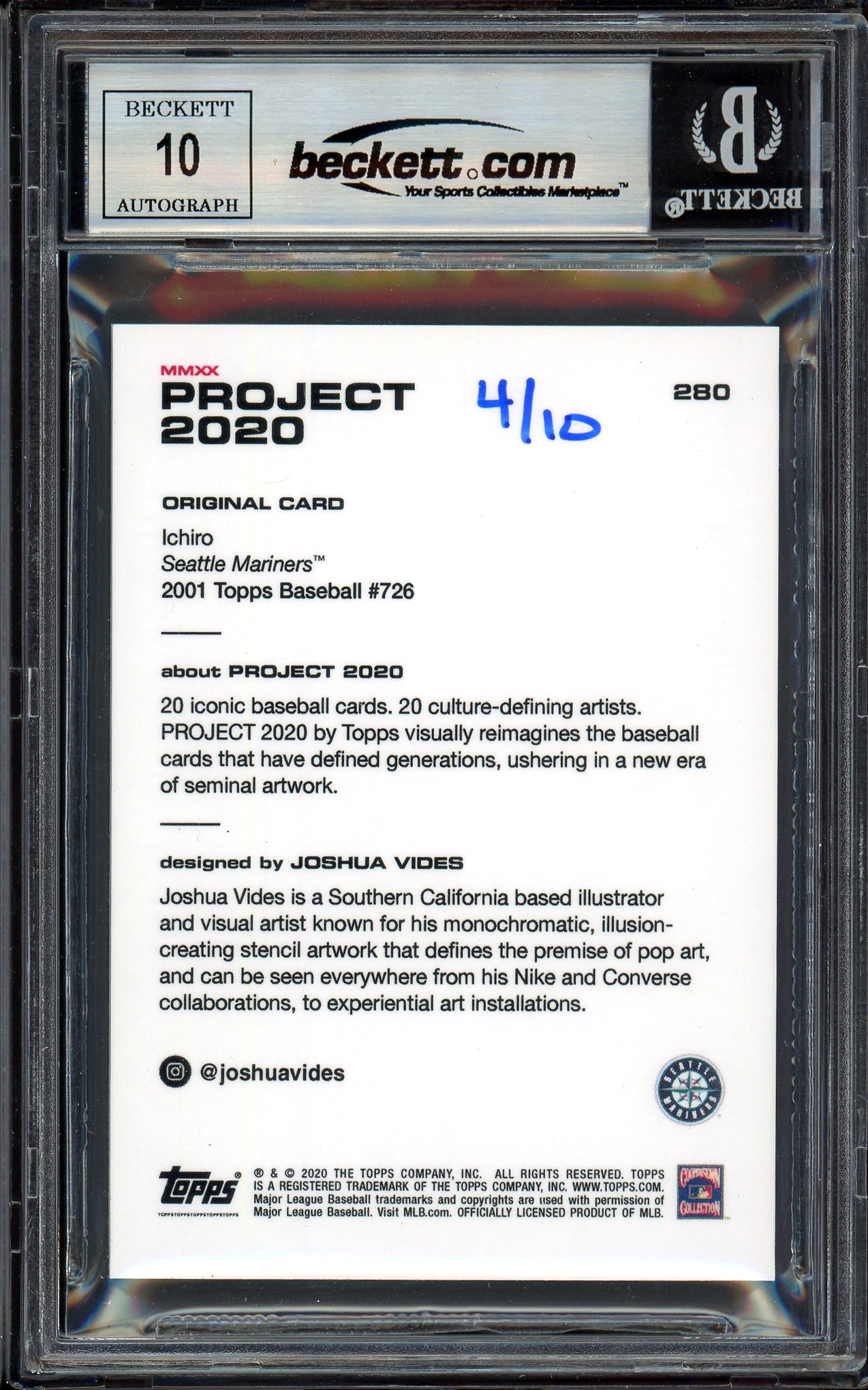 Ichiro Suzuki Autographed Topps Project 2020 Joshua Vides Card #280 Seattle Mariners Auto Grade Gem Mint 10 Teal #/10 Beckett BAS Stock #201028