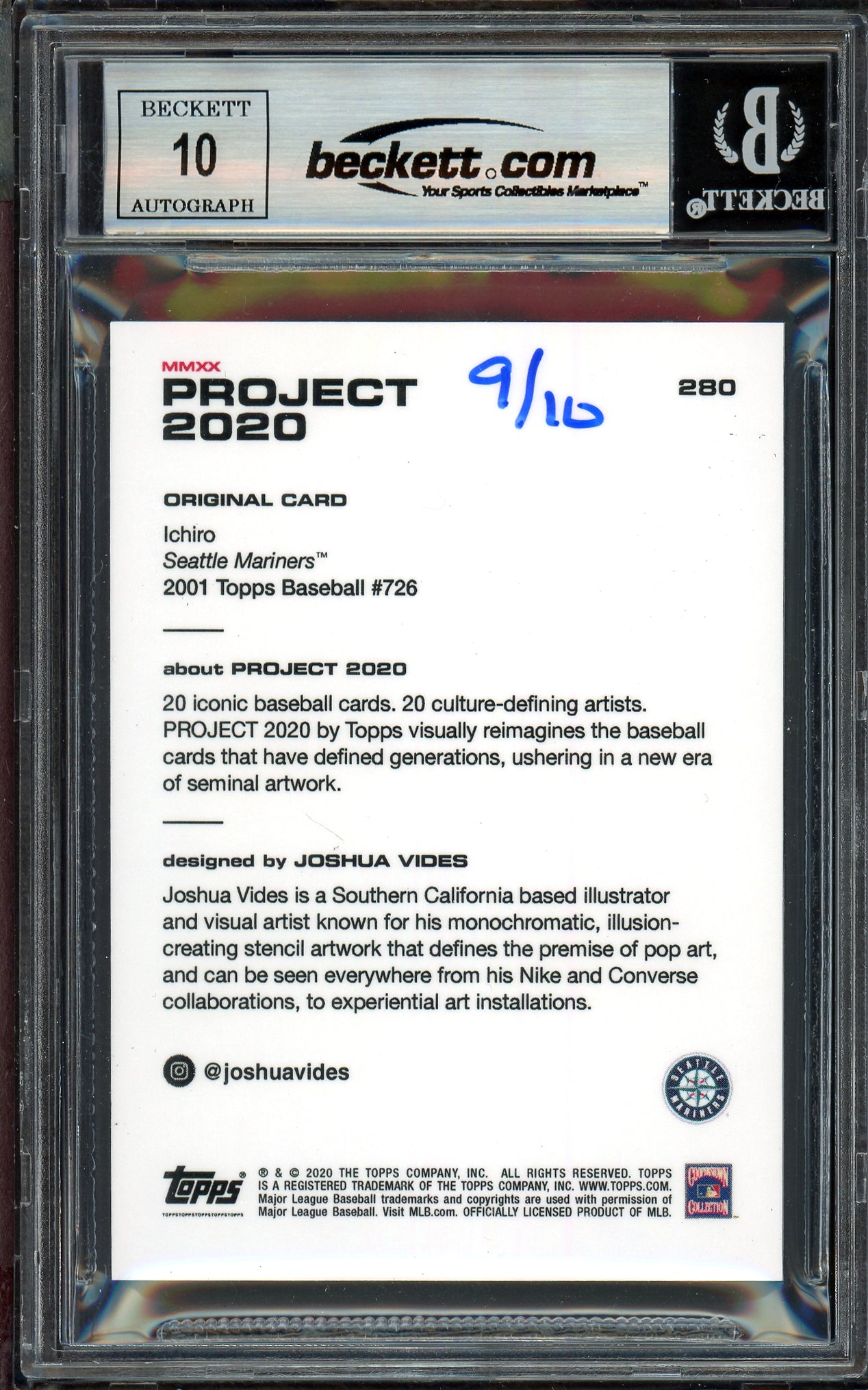Ichiro Suzuki Autographed Topps Project 2020 Joshua Vides Card #280 Seattle Mariners Auto Grade Gem Mint 10 Gold #/10 Beckett BAS Stock #201029