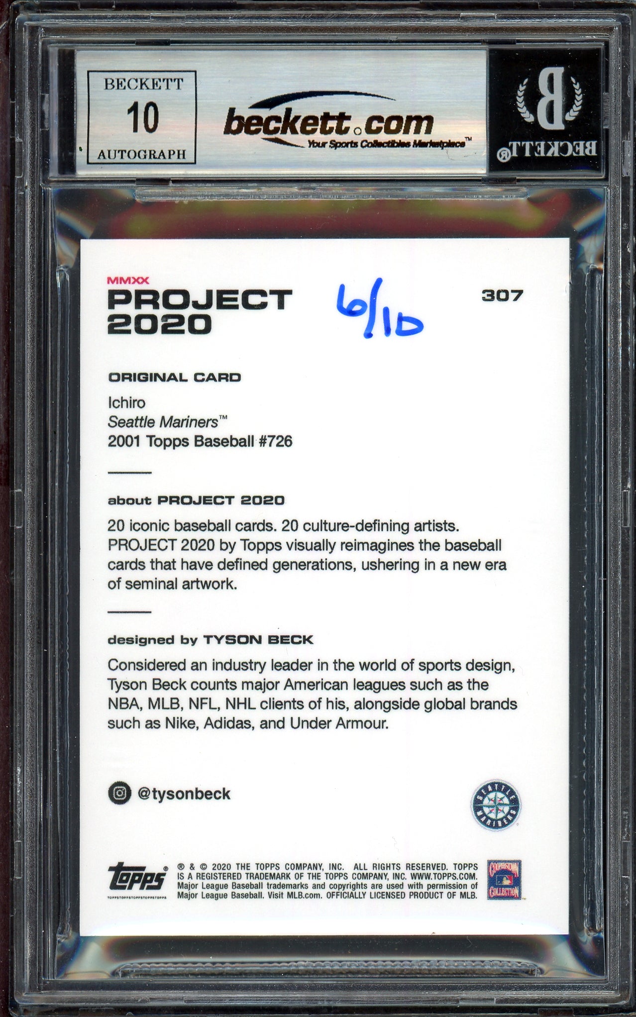 Ichiro Suzuki Autographed Topps Project 2020 Tyson Beck Card #307 Seattle Mariners Auto Grade Gem Mint 10 Blue #/10 Beckett BAS Stock #201031