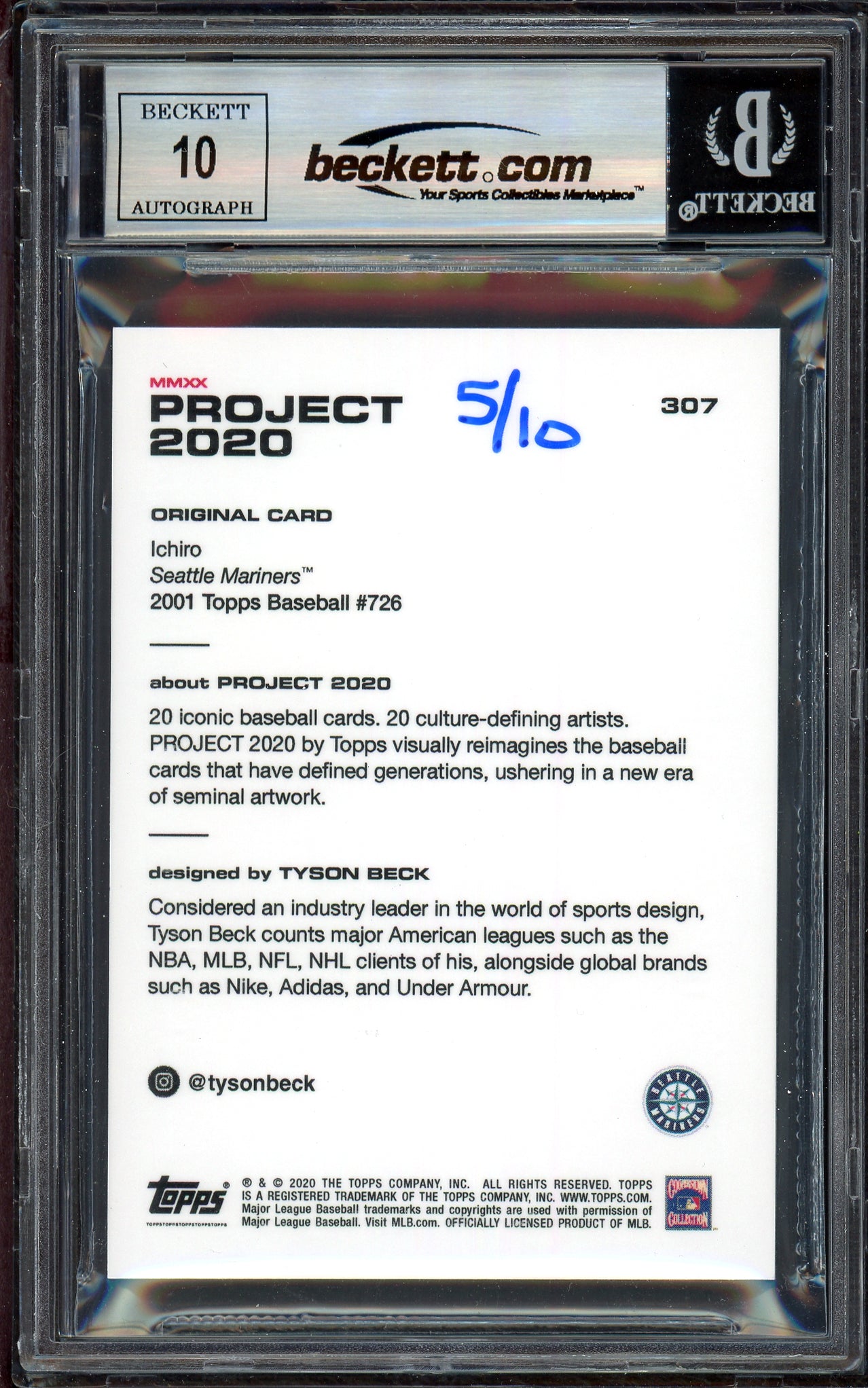 Ichiro Suzuki Autographed Topps Project 2020 Tyson Beck Card #307 Seattle Mariners Auto Grade Gem Mint 10 Gold #5/10 Beckett BAS #13713388