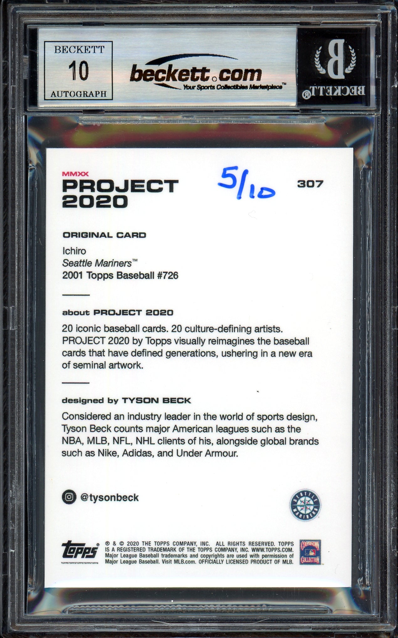 Ichiro Suzuki Autographed Topps Project 2020 Tyson Beck Card #307 Seattle Mariners Auto Grade Gem Mint 10 Silver #5/10 Beckett BAS #13713385