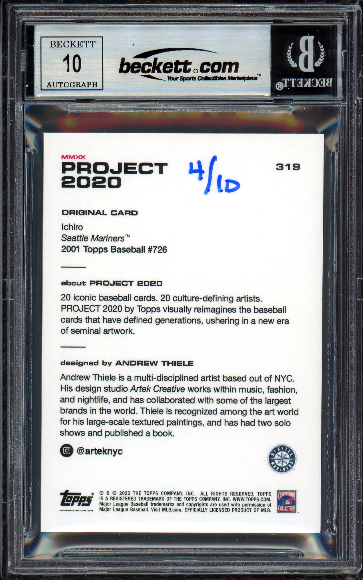 Ichiro Suzuki Autographed Topps Project 2020 Andrew Thiele Card #319 Seattle Mariners Auto Grade Gem Mint 10 Blue #/10 Beckett BAS Stock #201042