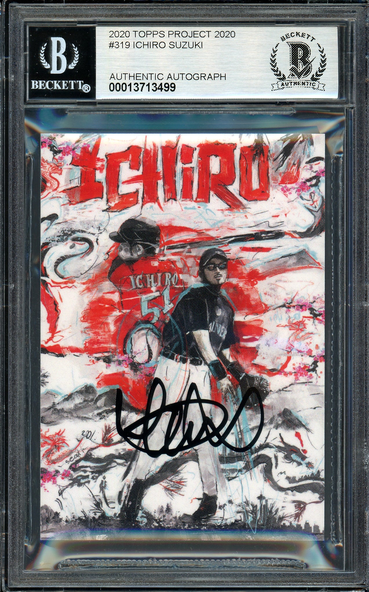 Ichiro Suzuki Autographed Topps Project 2020 Andrew Thiele Card #319 Seattle Mariners Auto Grade Gem Mint 10 Black #/10 Beckett BAS Stock #201044