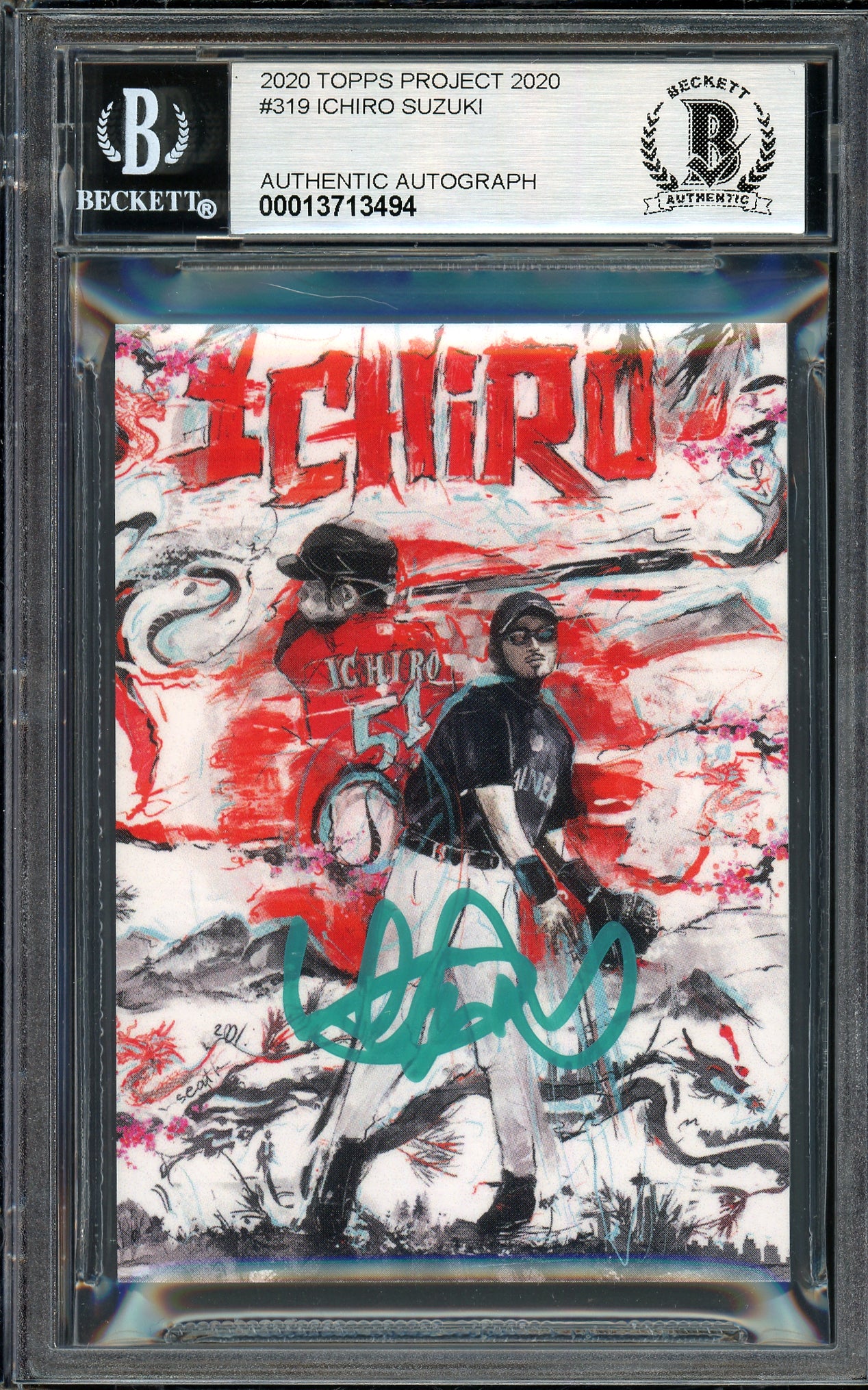 Ichiro Suzuki Autographed Topps Project 2020 Andrew Thiele Card #319 Seattle Mariners Auto Grade Gem Mint 10 Teal #/10 Beckett BAS Stock #201045