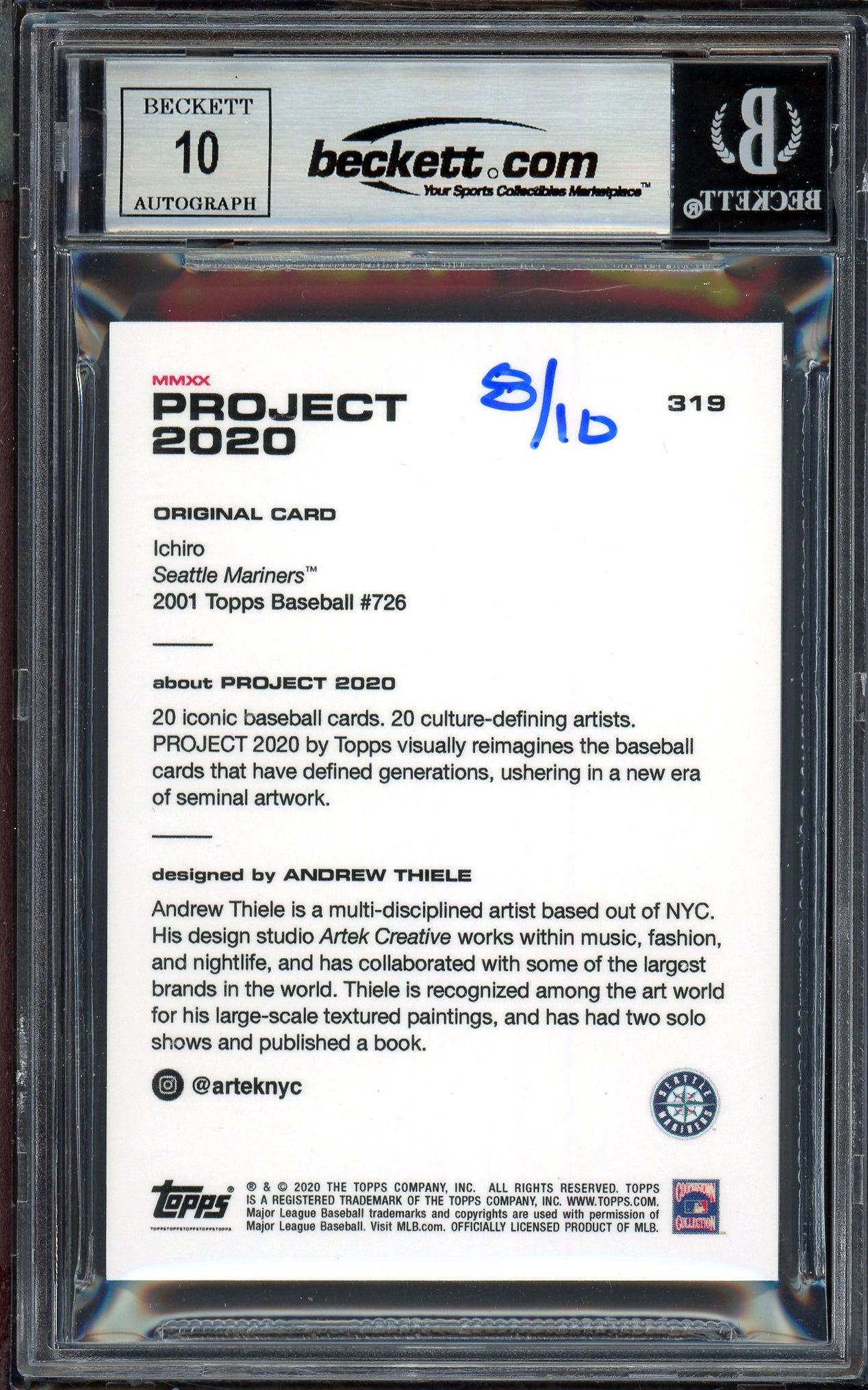 Ichiro Suzuki Autographed Topps Project 2020 Andrew Thiele Card #319 Seattle Mariners Auto Grade Gem Mint 10 Teal #/10 Beckett BAS Stock #201045