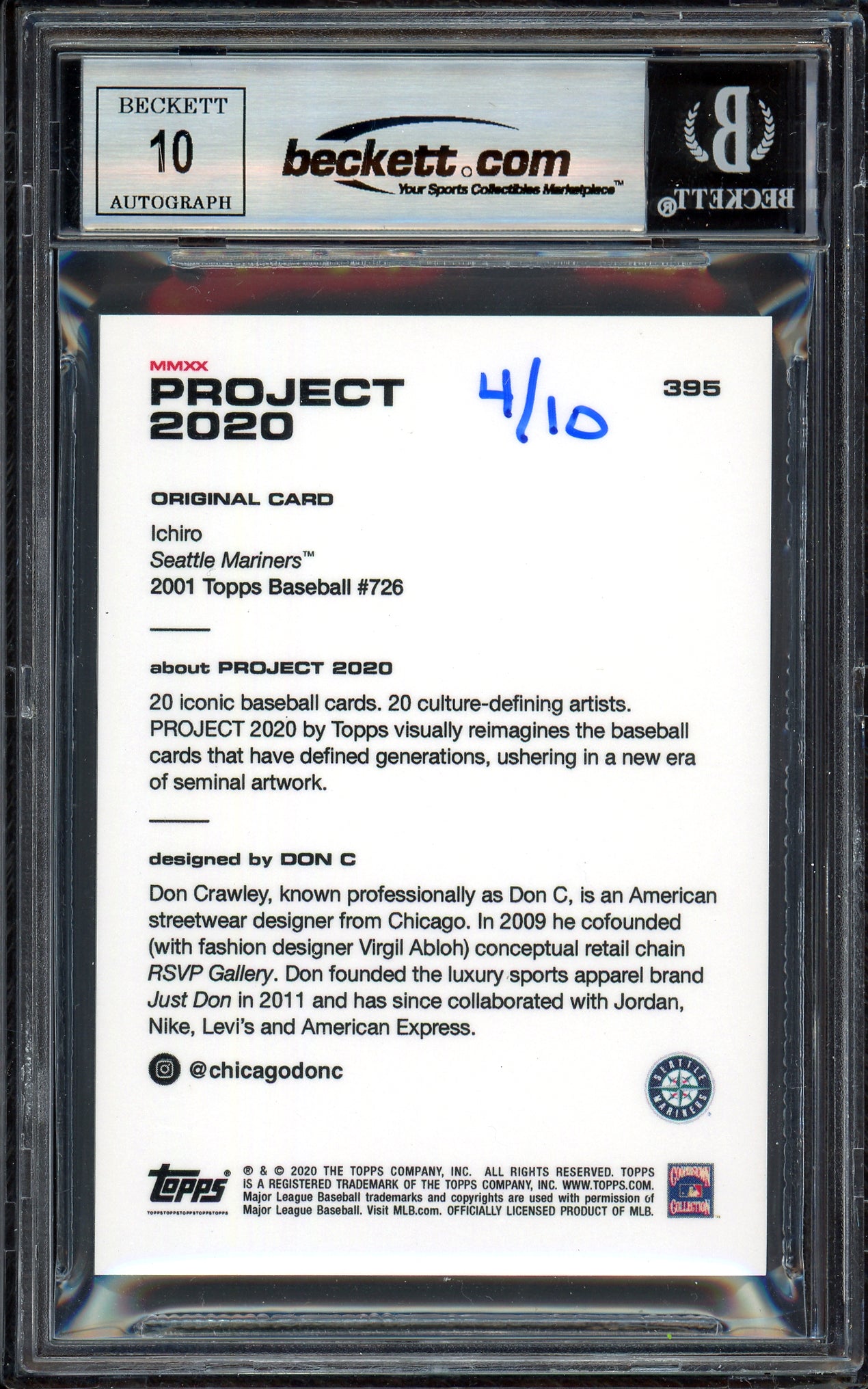 Ichiro Suzuki Autographed Topps Project 2020 Don C Card #395 Seattle Mariners Auto Grade Gem Mint 10 Black #/10 Beckett BAS Stock #201058