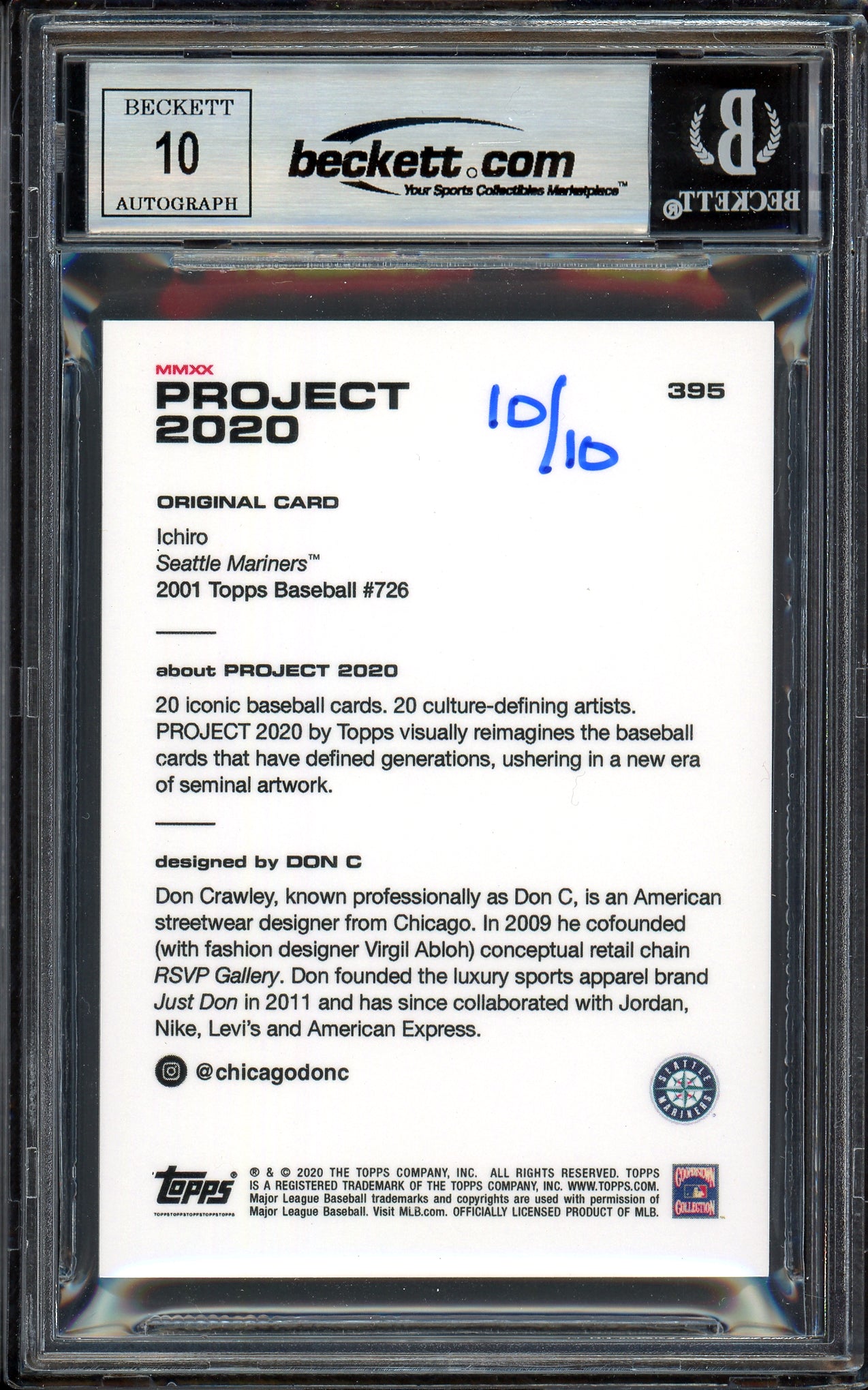 Ichiro Suzuki Autographed Topps Project 2020 Don C Card #395 Seattle Mariners Auto Grade Gem Mint 10 Gold #10/10 Beckett BAS #13713621