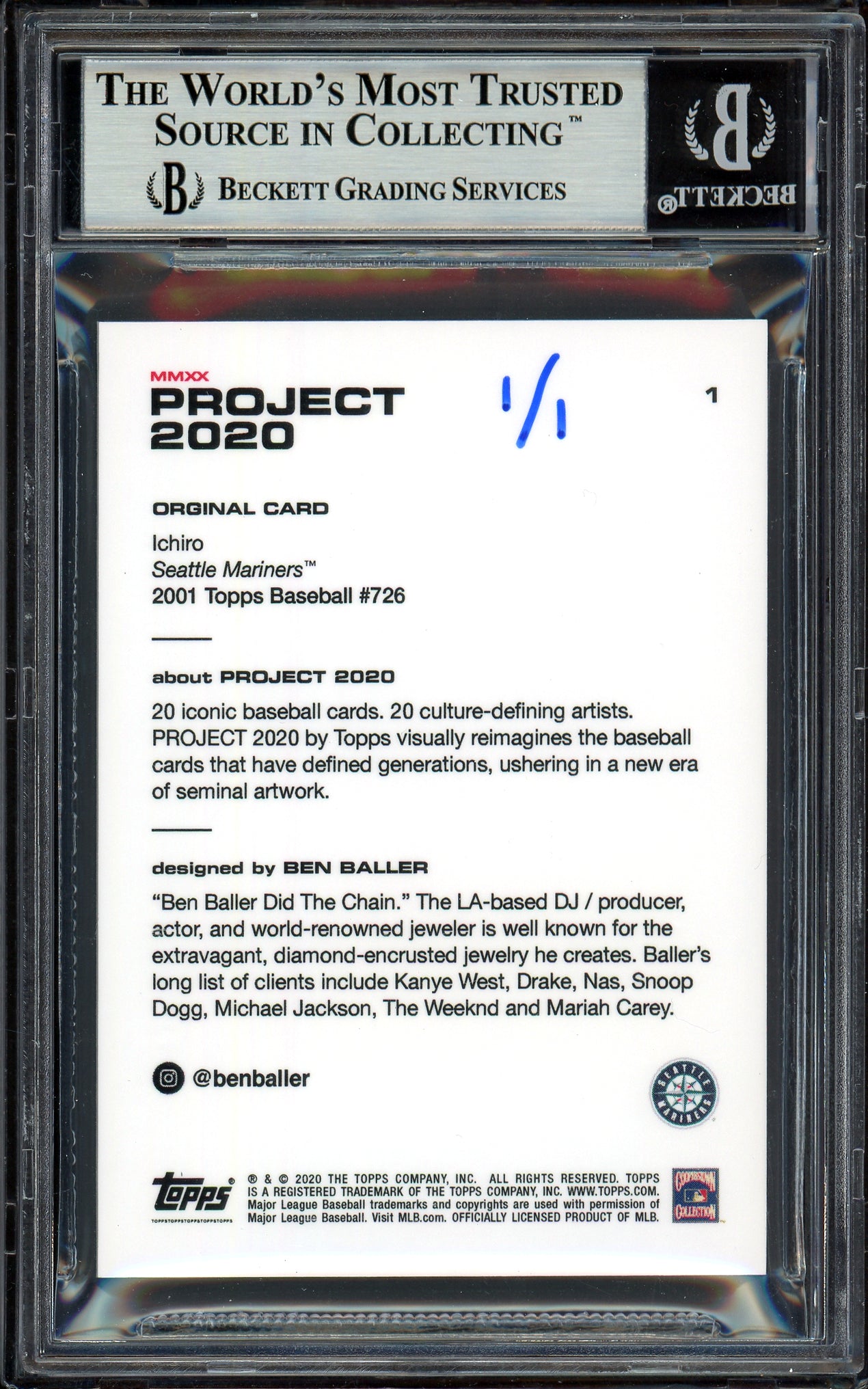 Ichiro Suzuki Autographed Topps Project 2020 Ben Baller Card #1 Seattle Mariners "4367 Hits" Silver #1/1 Beckett BAS #13713740