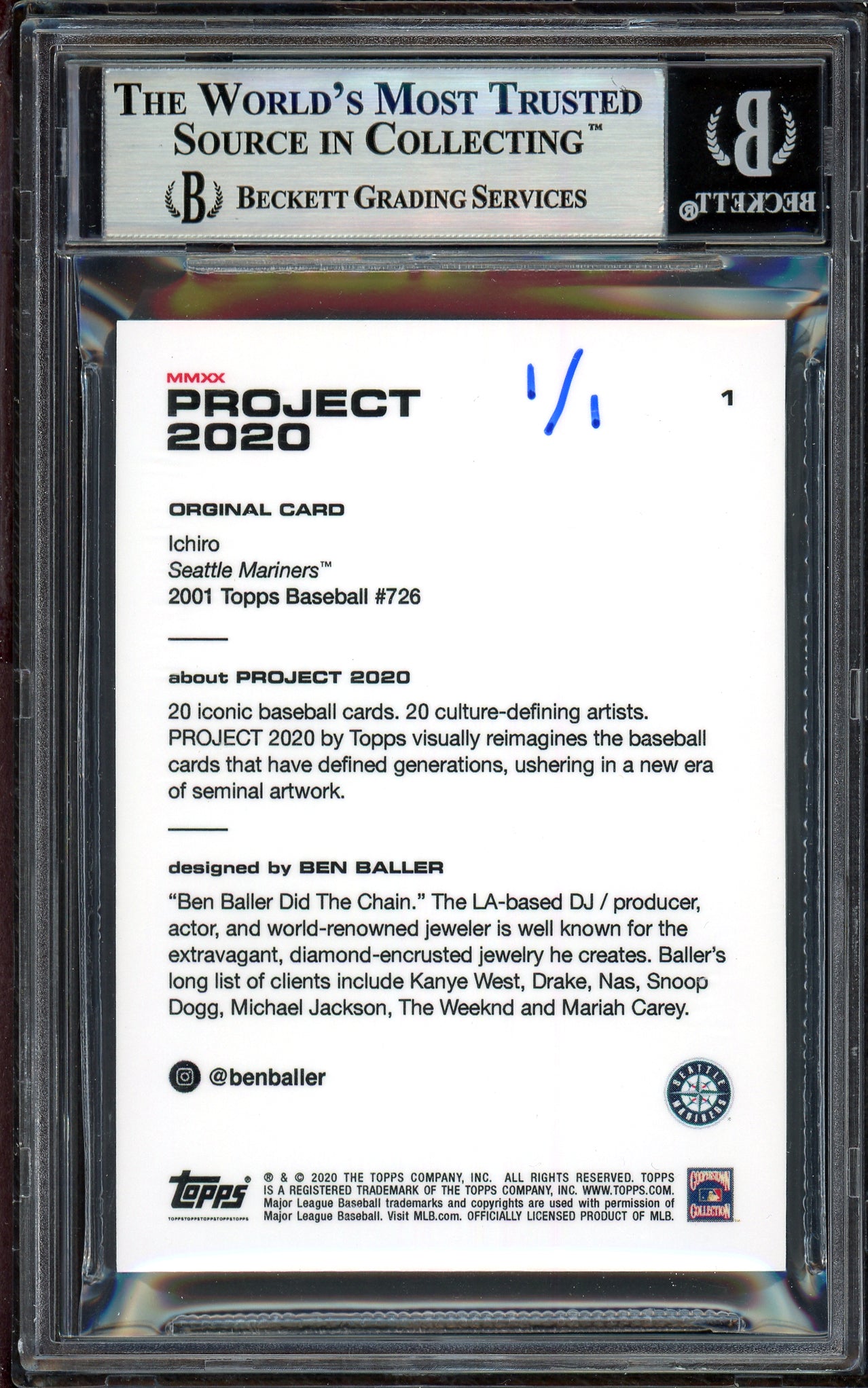 Ichiro Suzuki Autographed Topps Project 2020 Ben Baller Card #1 Seattle Mariners "10X 200" Silver #1/1 Beckett BAS #13713728