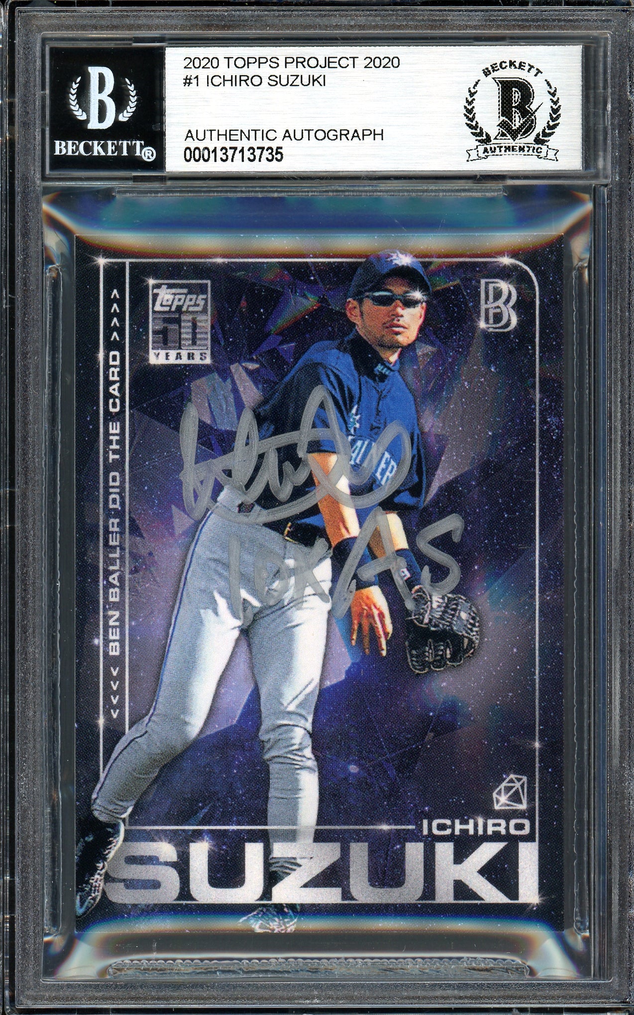 Ichiro Suzuki Autographed Topps Project 2020 Ben Baller Card #1 Seattle Mariners "10X AS" Silver #1/1 Beckett BAS #13713735