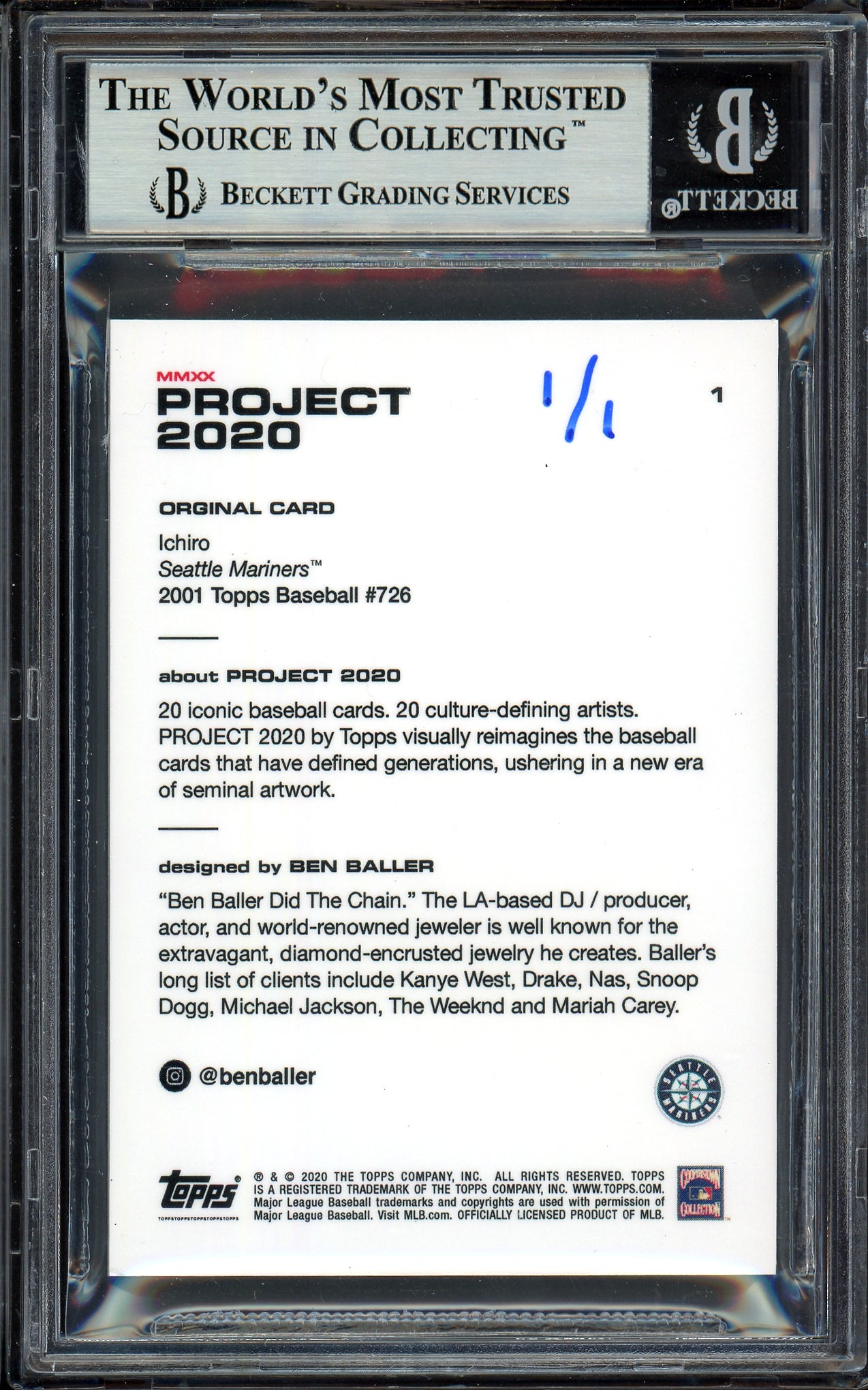 Ichiro Suzuki Autographed Topps Project 2020 Ben Baller Card #1 Seattle Mariners "10X AS" Silver #1/1 Beckett BAS #13713735