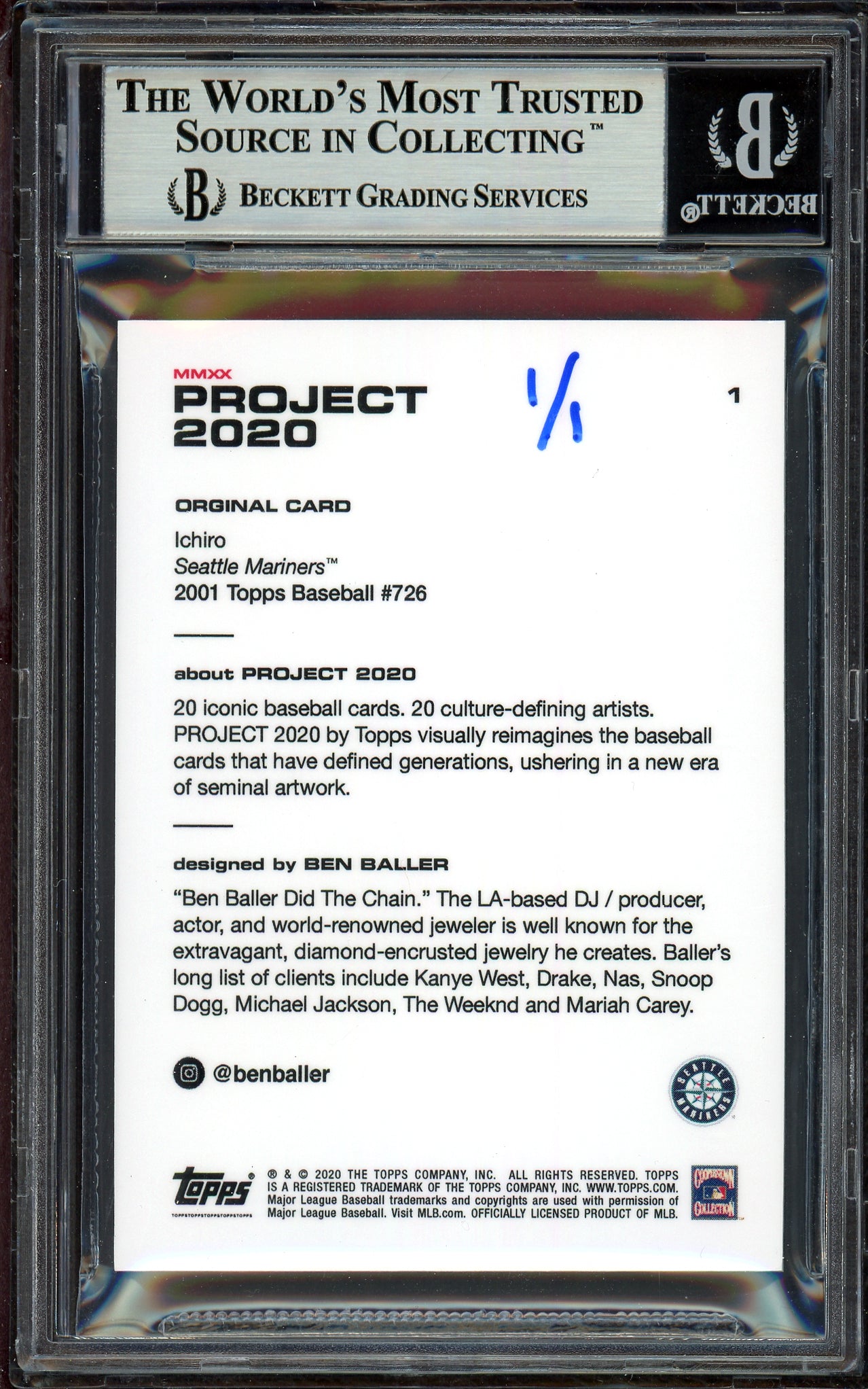 Ichiro Suzuki Autographed Topps Project 2020 Ben Baller Card #1 Seattle Mariners "01 ROY" Silver #1/1 Beckett BAS #13713736