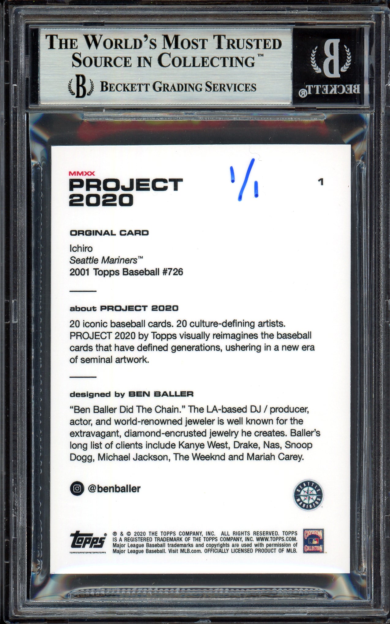 Ichiro Suzuki Autographed Topps Project 2020 Ben Baller Card #1 Seattle Mariners "2001" Silver #1/1 Beckett BAS #13713737