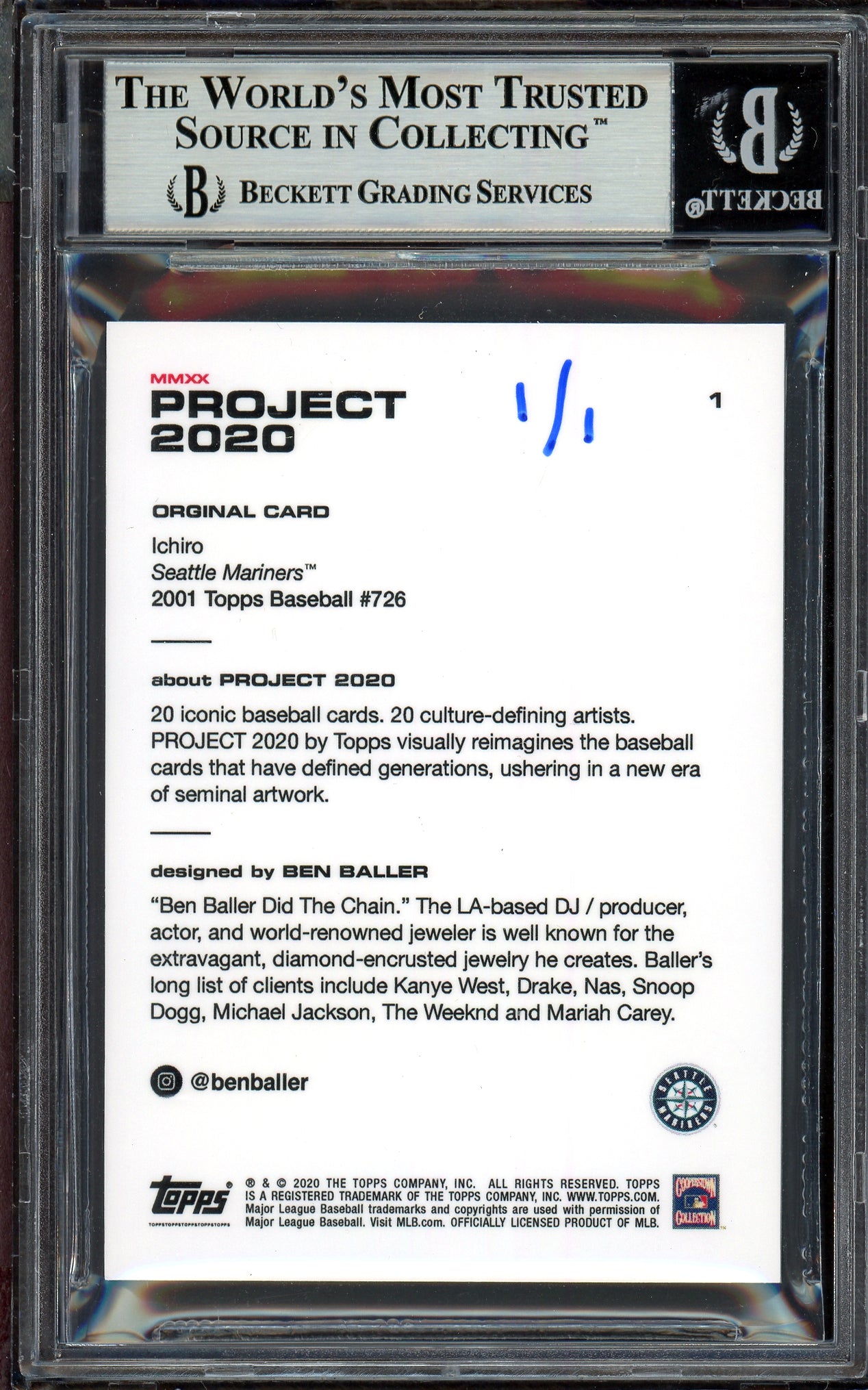 Ichiro Suzuki Autographed Topps Project 2020 Ben Baller Card #1 Seattle Mariners "04 262" Silver #1/1 Beckett BAS #13713733