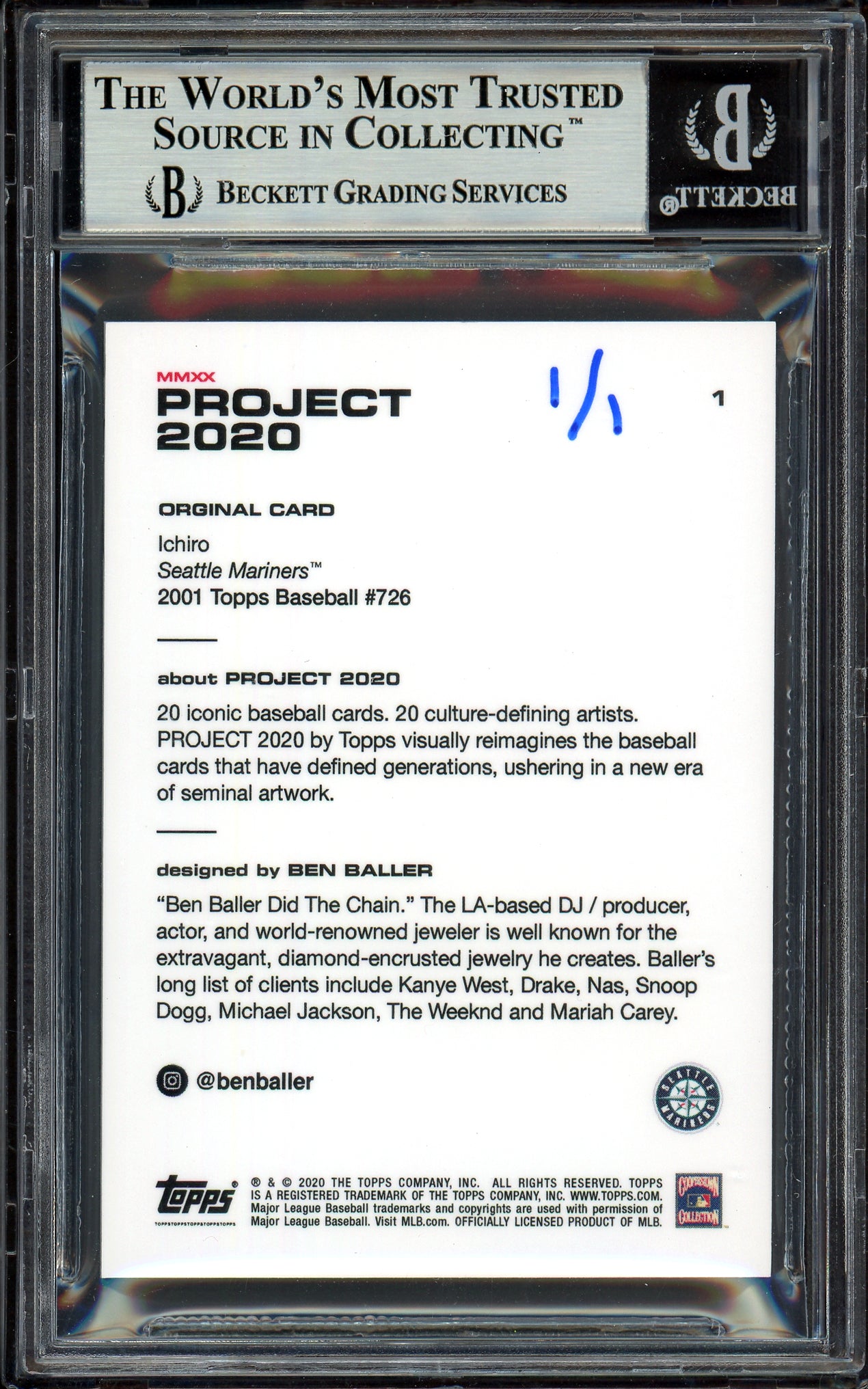 Ichiro Suzuki Autographed Topps Project 2020 Ben Baller Card #1 Seattle Mariners "07 AS MVP" Silver #1/1 Beckett BAS #13713734