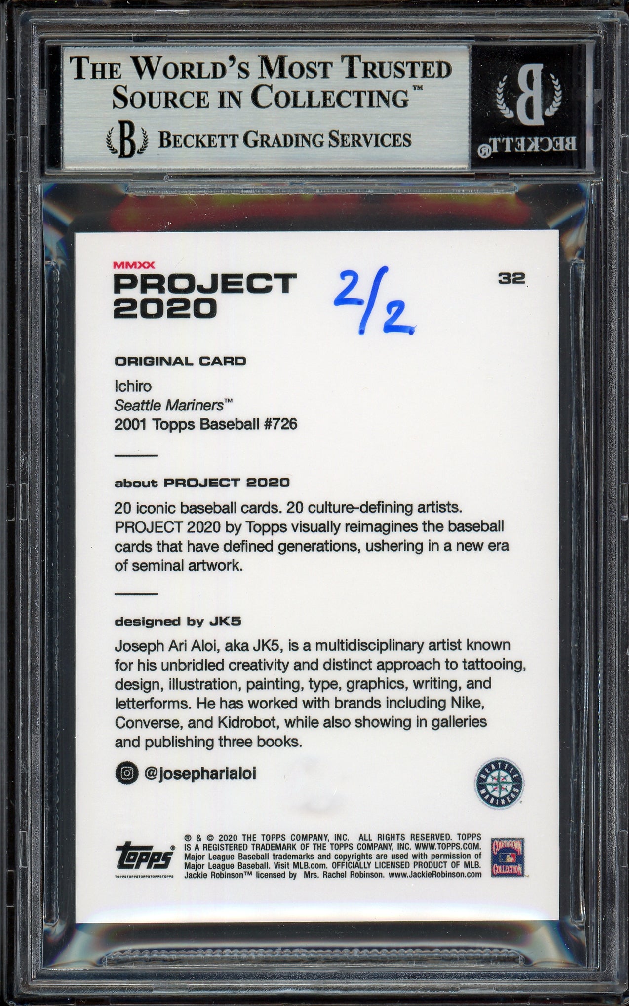 Ichiro Suzuki Autographed Topps Project 2020 JK5 Card #32 Seattle Mariners Silver #2/2 Beckett BAS #13713751