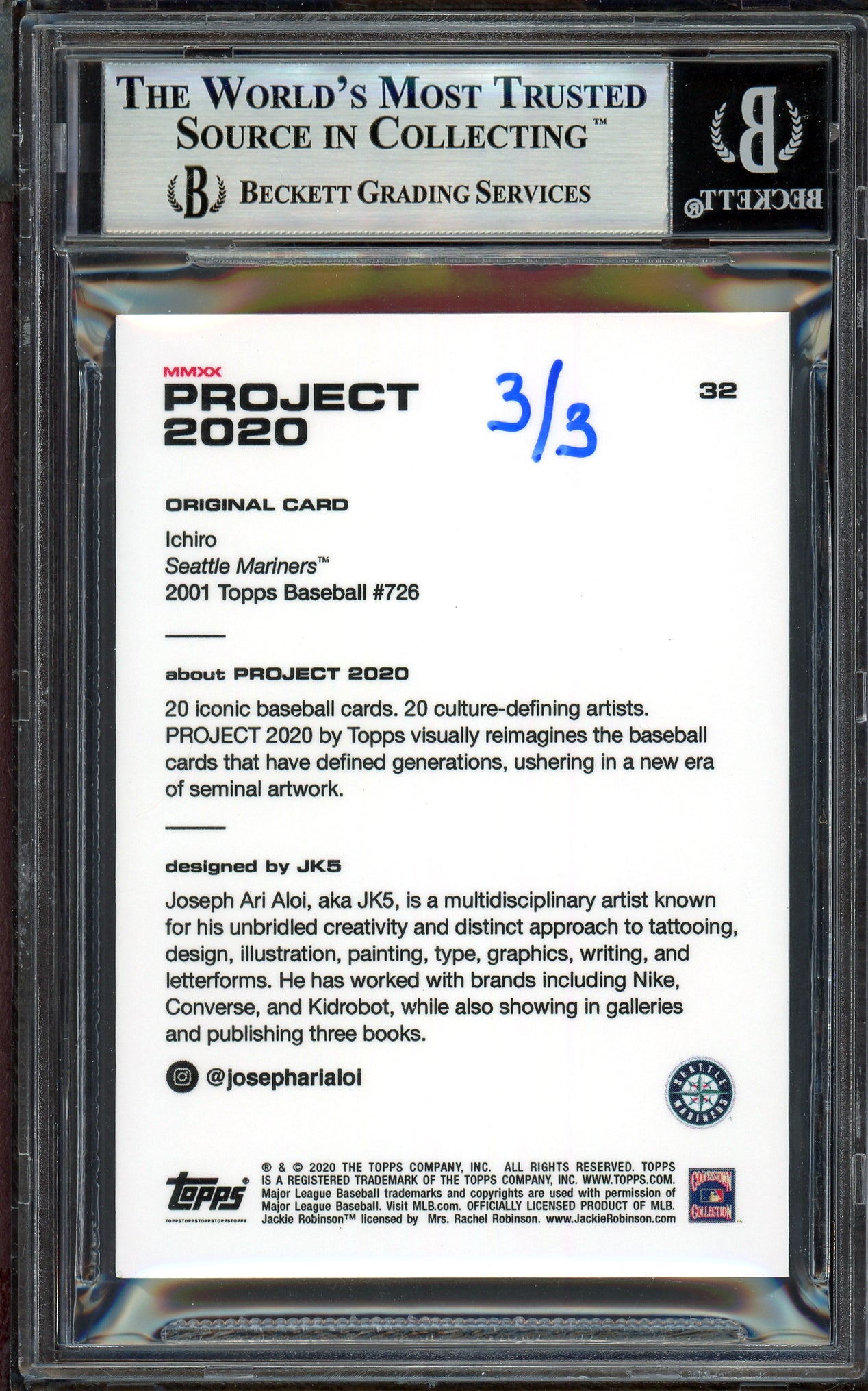 Ichiro Suzuki Autographed Topps Project 2020 JK5 Card #32 Seattle Mariners Gold #3/3 Beckett BAS #13714076