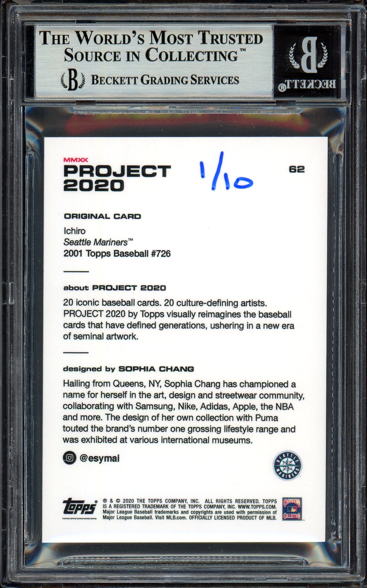 Ichiro Suzuki Autographed Topps Project 2020 Sophia Chang Card #62 Seattle Mariners Blue #1/10 Beckett BAS #13713752