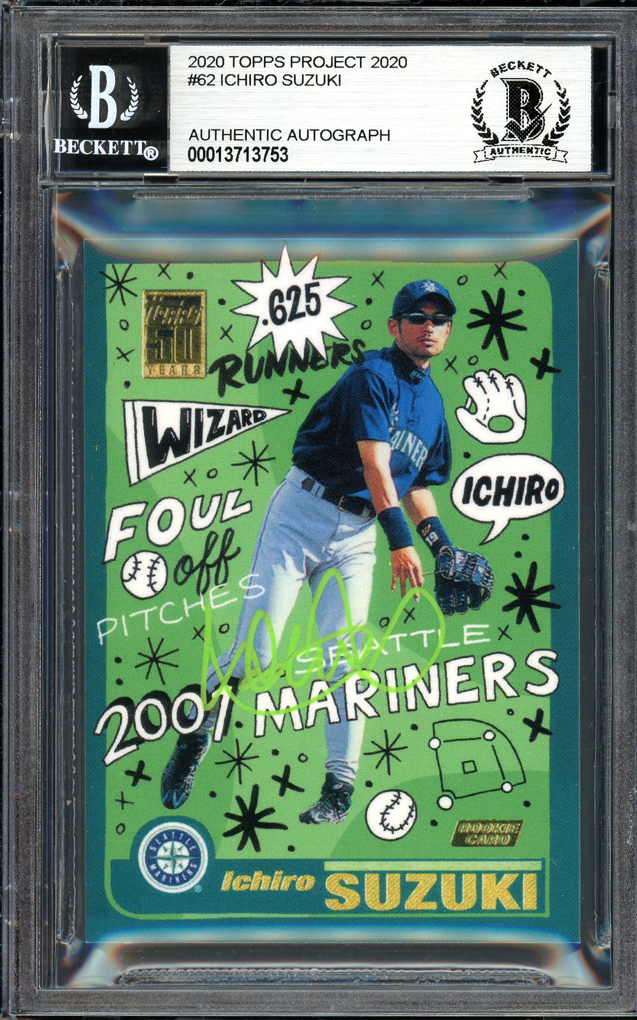 Ichiro Suzuki Autographed Topps Project 2020 Sophia Chang Card #62 Seattle Mariners Lime Green #5/10 Beckett BAS #13713753