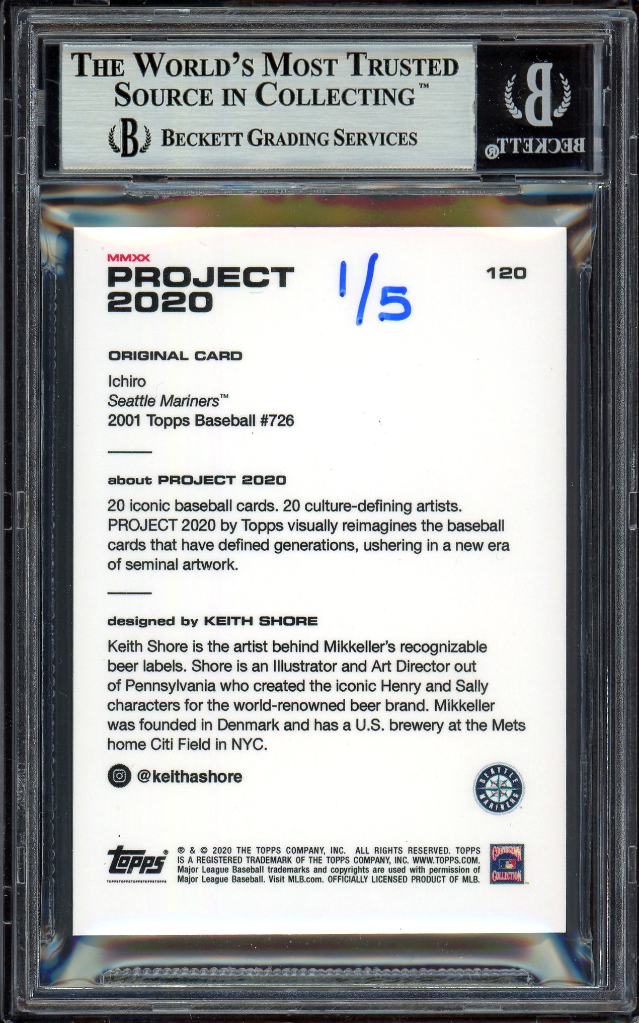 Ichiro Suzuki Autographed Topps Project 2020 Keith Shore Card #120 Seattle Mariners Gold #1/5 Beckett BAS #13713784