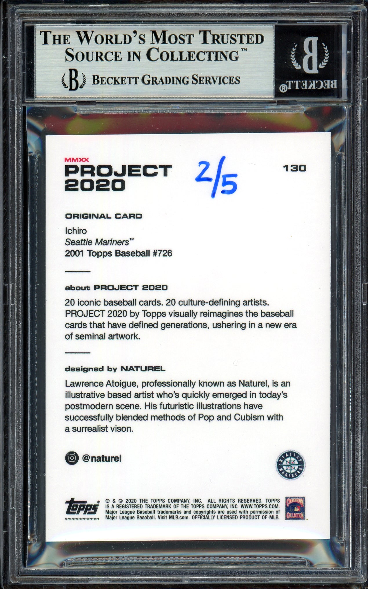 Ichiro Suzuki Autographed Topps Project 2020 Naturel Card #130 Seattle Mariners Black #2/5 Beckett BAS #13713794