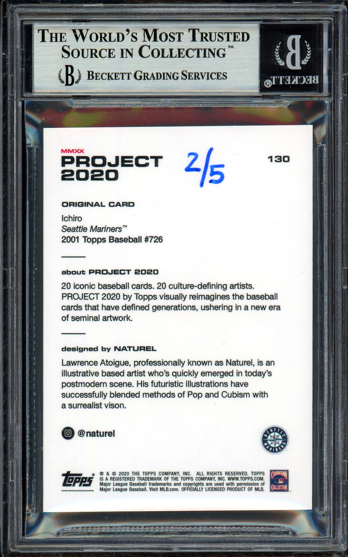 Ichiro Suzuki Autographed Topps Project 2020 Naturel Card #130 Seattle Mariners Black #2/5 Beckett BAS #13713794