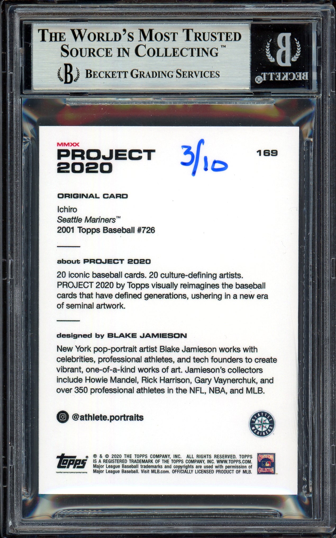 Ichiro Suzuki Autographed Topps Project 2020 Blake Jamieson Card #169 Seattle Mariners Gold #/10 Beckett BAS Stock #201106