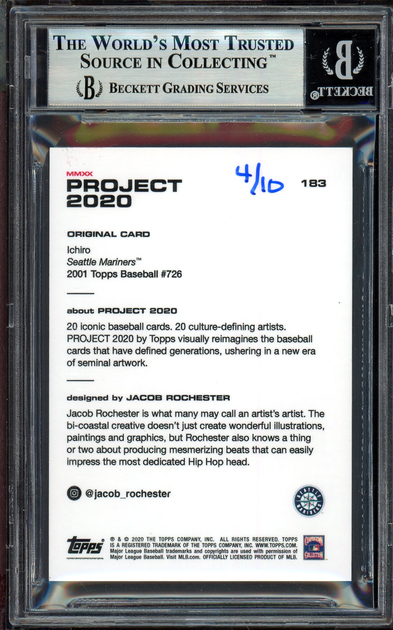 Ichiro Suzuki Autographed Topps Project 2020 Jacob Rochester Card #183 Seattle Mariners Silver #/10 Beckett BAS Stock #201113