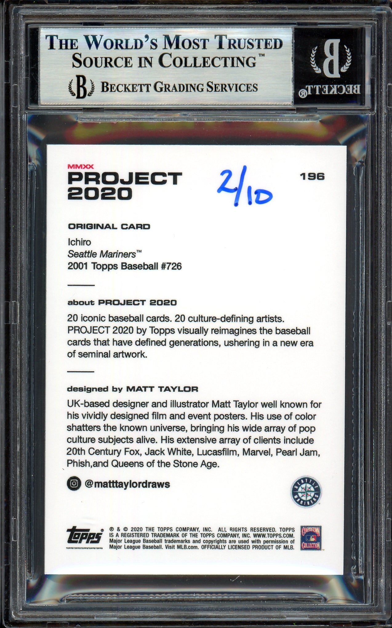 Ichiro Suzuki Autographed Topps Project 2020 Matt Taylor Card #196 Seattle Mariners Black #2/10 Beckett BAS #13714099