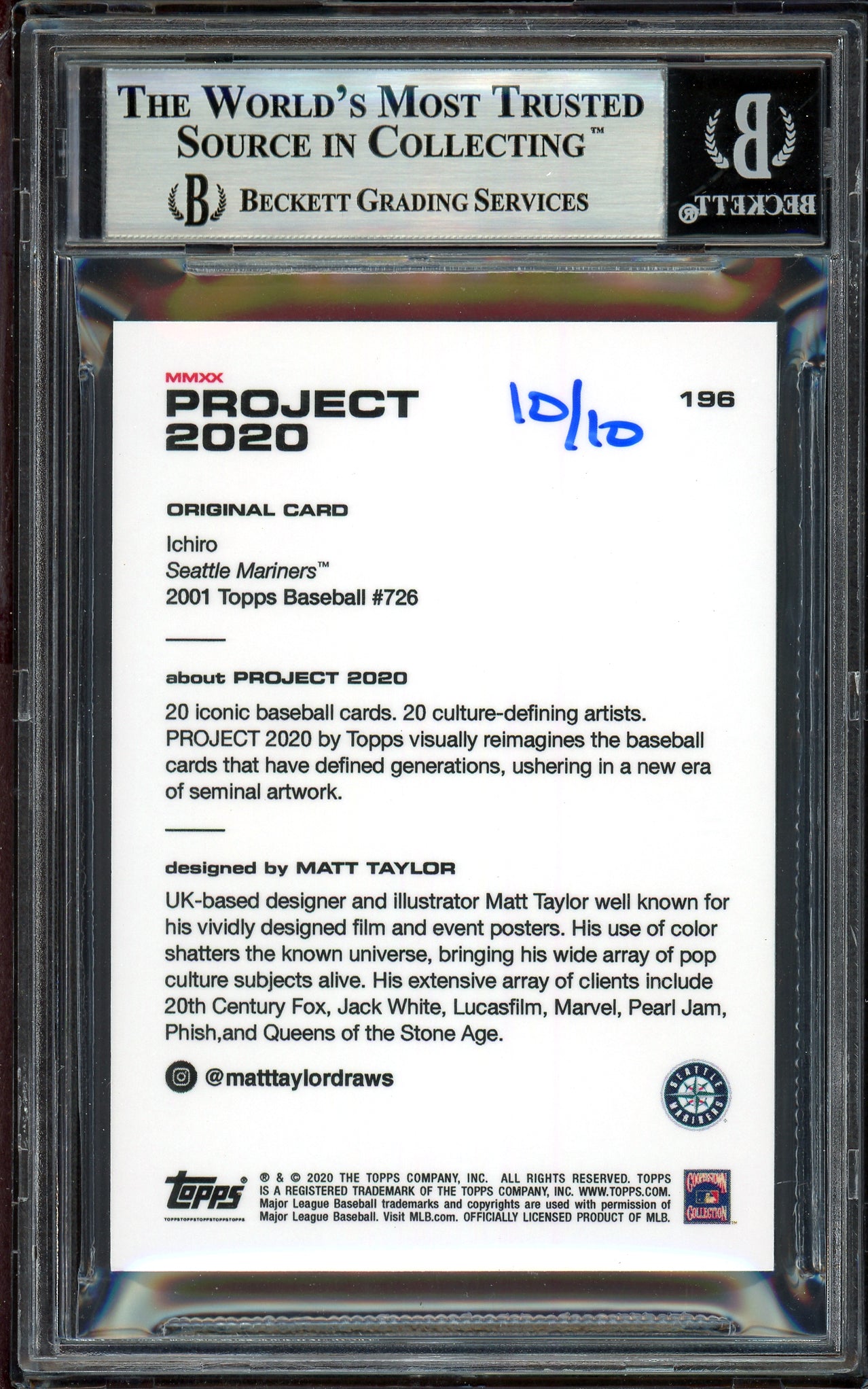Ichiro Suzuki Autographed Topps Project 2020 Matt Taylor Card #196 Seattle Mariners Teal #10/10 Beckett BAS #13714105