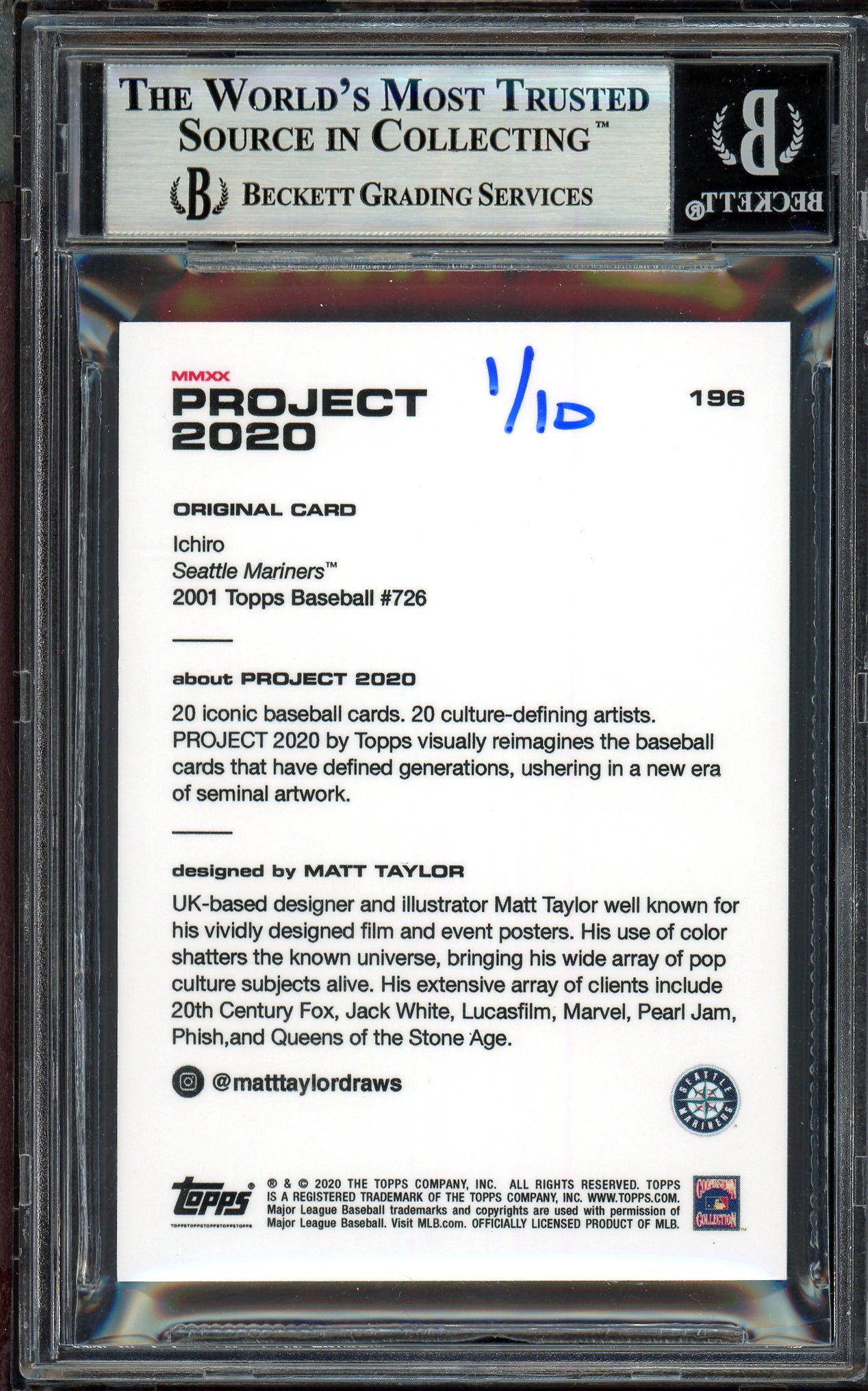 Ichiro Suzuki Autographed Topps Project 2020 Matt Taylor Card #196 Seattle Mariners Gold #1/10 Beckett BAS #13713842