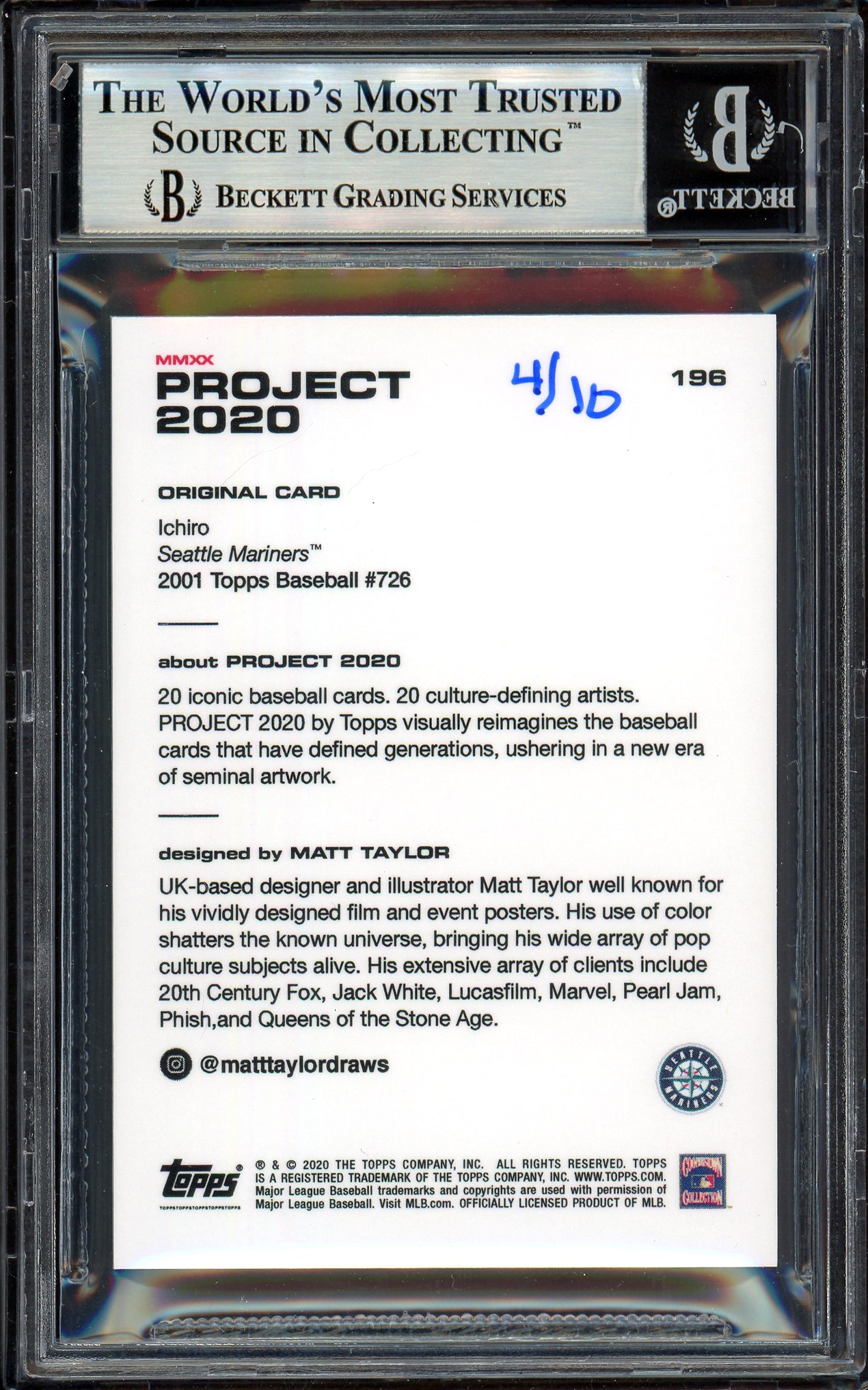 Ichiro Suzuki Autographed Topps Project 2020 Matt Taylor Card #196 Seattle Mariners Silver #/10 Beckett BAS Stock #201122