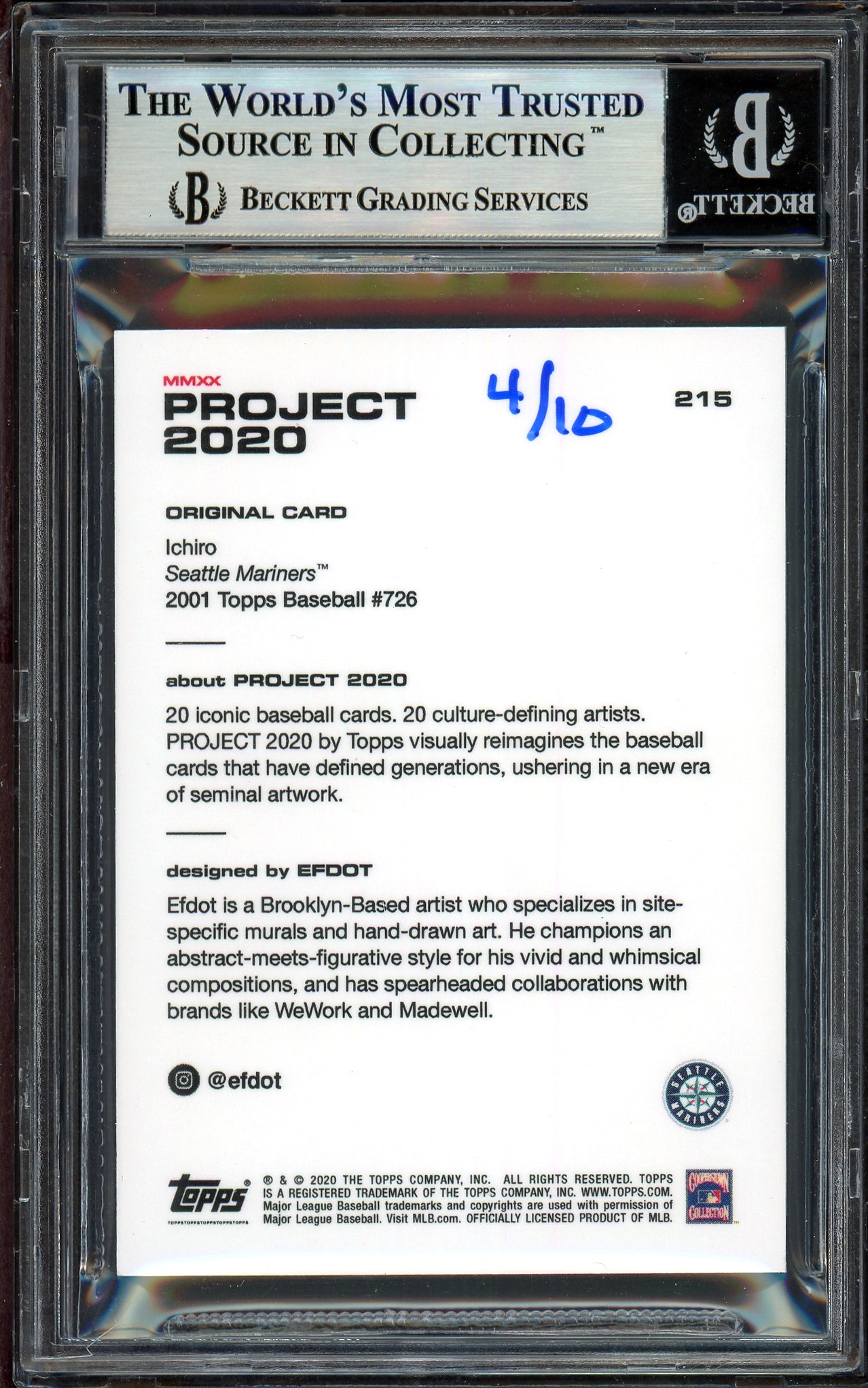 Ichiro Suzuki Autographed Topps Project 2020 Efdot Card #215 Seattle Mariners Gold #/10 Beckett BAS Stock #201123