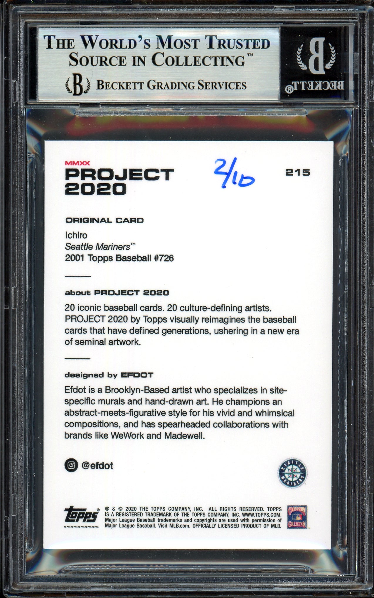 Ichiro Suzuki Autographed Topps Project 2020 Efdot Card #215 Seattle Mariners Silver #/10 Beckett BAS Stock #201124