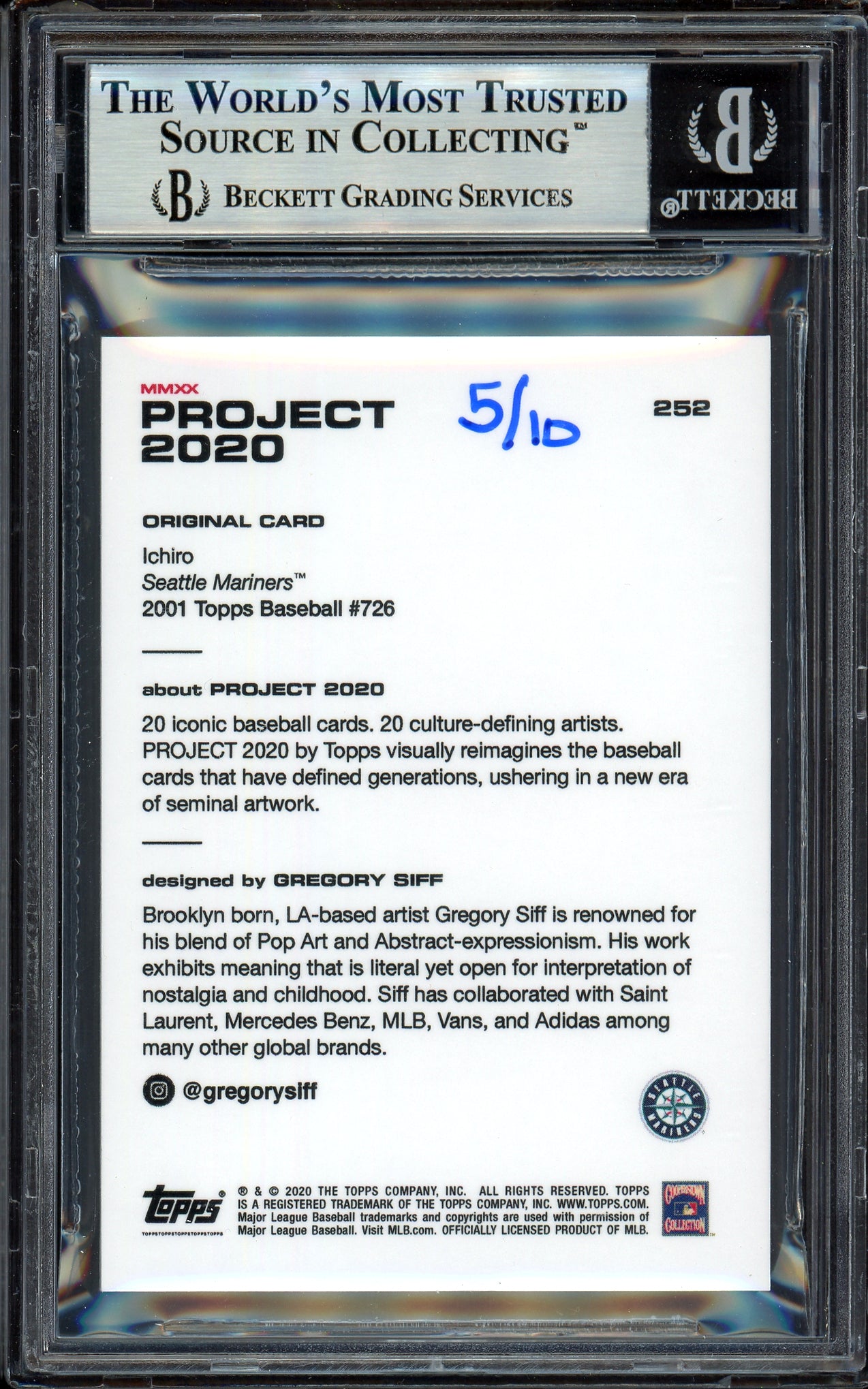Ichiro Suzuki Autographed Topps Project 2020 Gregory Siff Card #252 Seattle Mariners Black #5/10 Beckett BAS #13714255