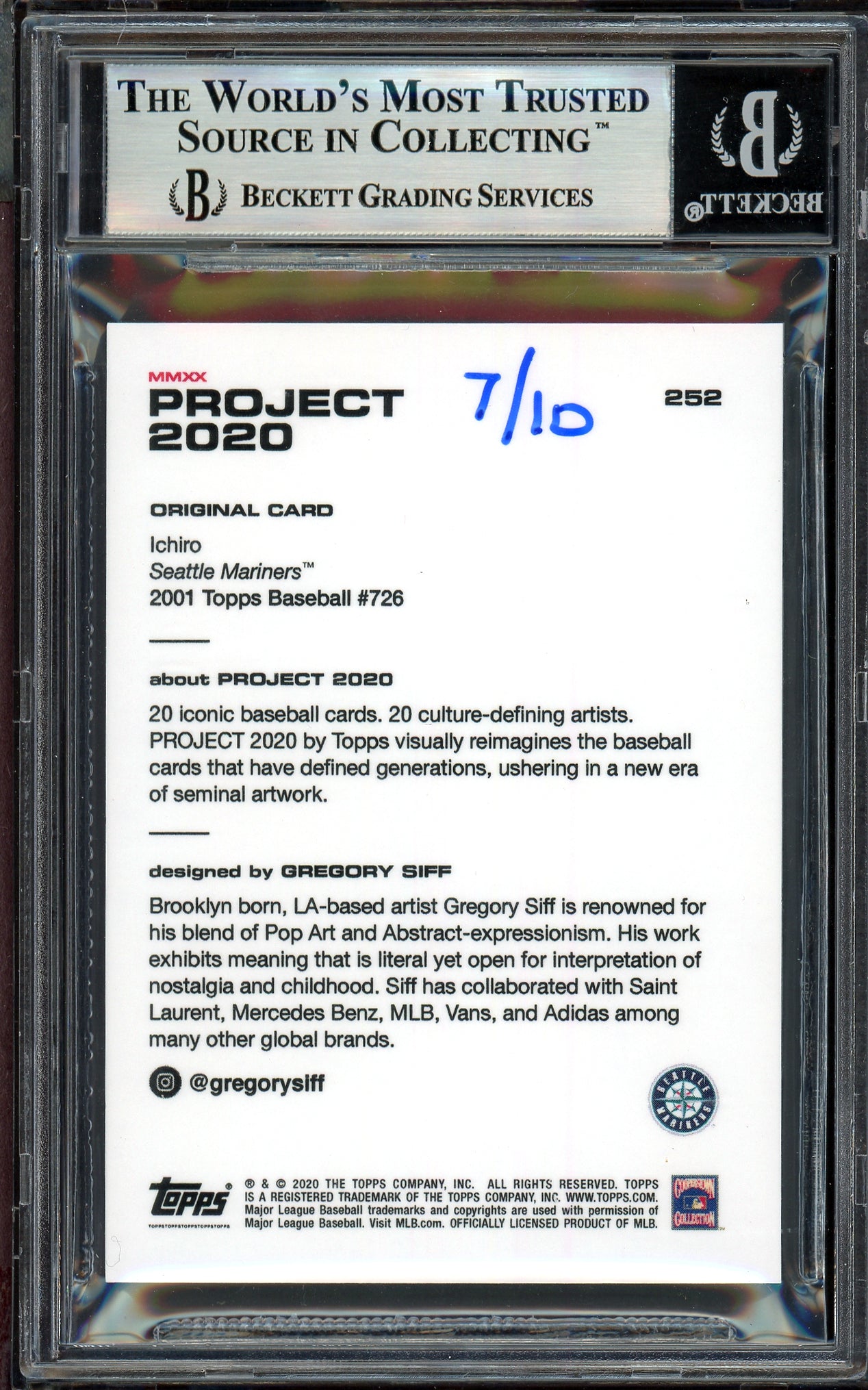 Ichiro Suzuki Autographed Topps Project 2020 Gregory Siff Card #252 Seattle Mariners Gold #/10 Beckett BAS Stock #201129