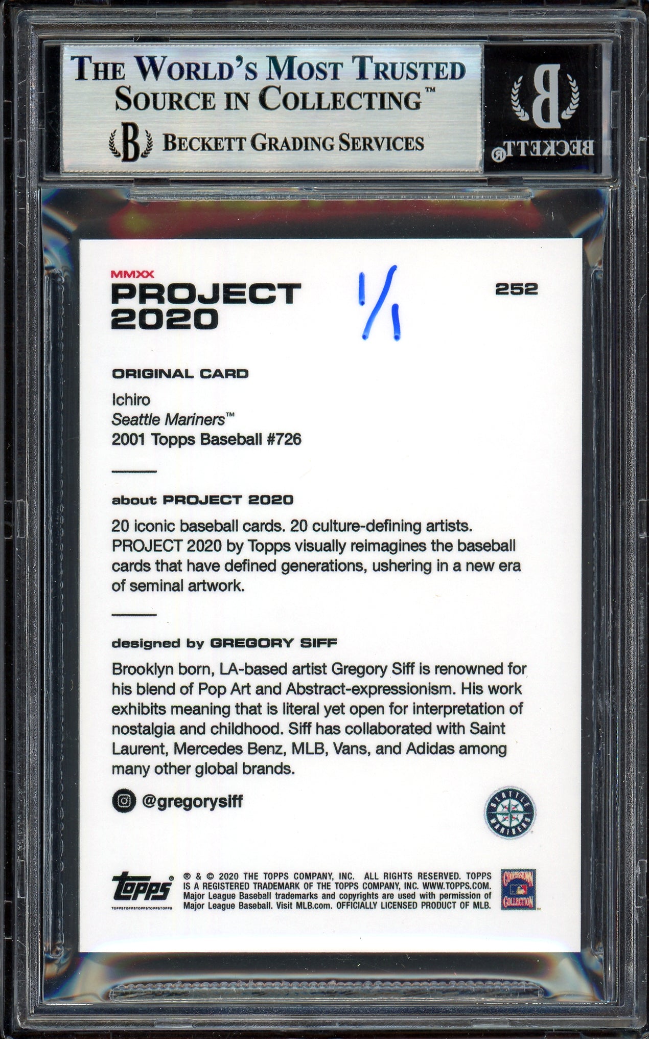 Ichiro Suzuki Autographed Topps Project 2020 Gregory Siff Card #252 Seattle Mariners Silver #1/1 Beckett BAS #13714143