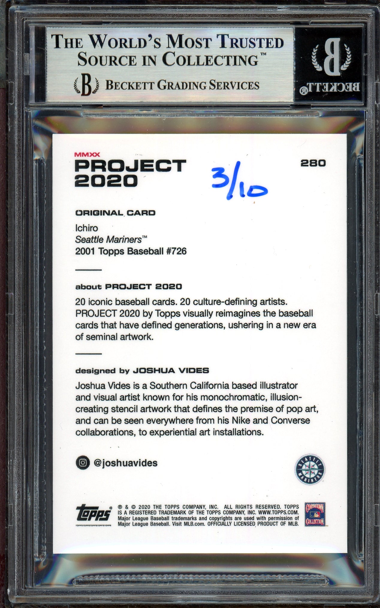 Ichiro Suzuki Autographed Topps Project 2020 Joshua Vides Card #280 Seattle Mariners Blue #/10 Beckett BAS Stock #201133