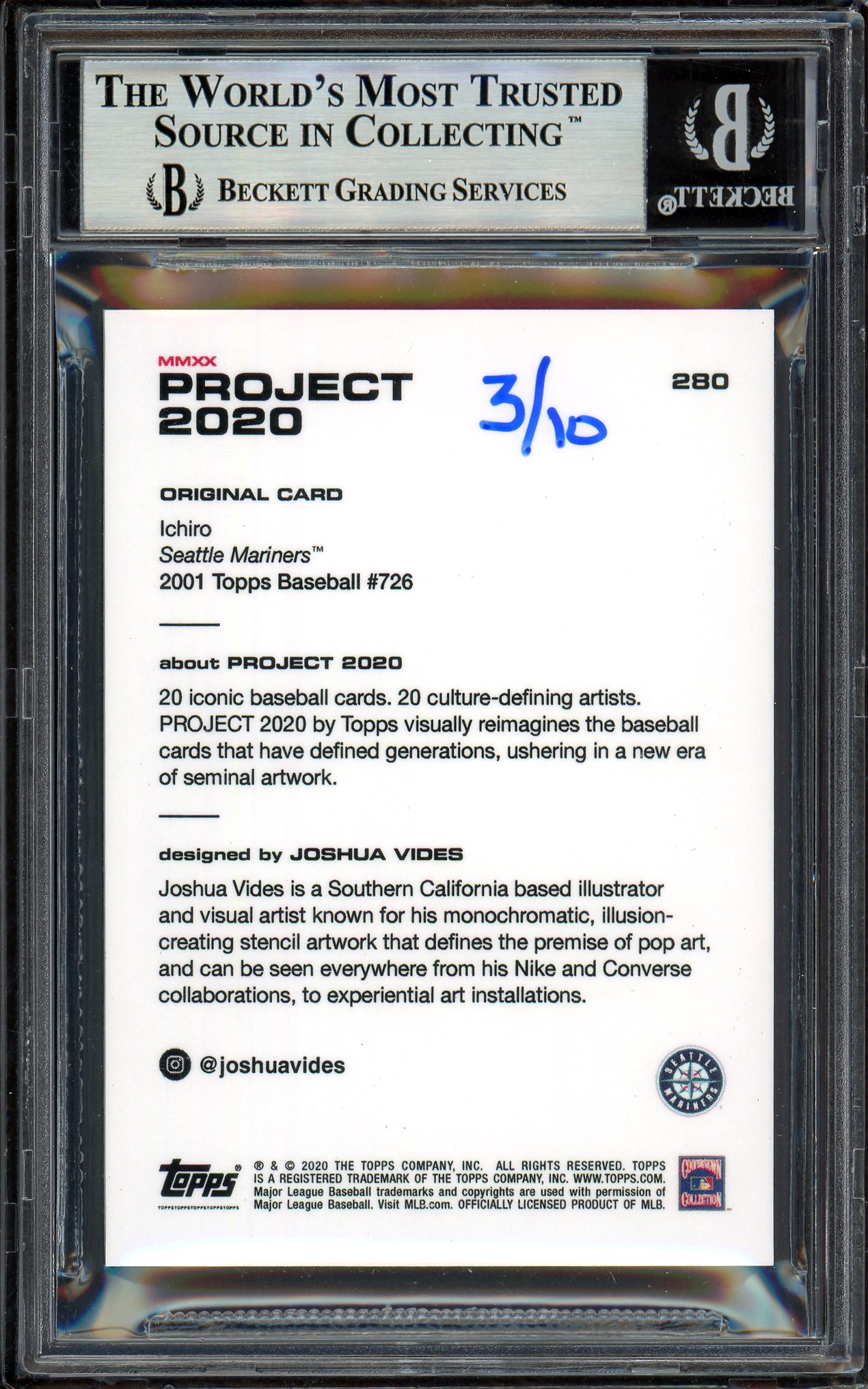 Ichiro Suzuki Autographed Topps Project 2020 Joshua Vides Card #280 Seattle Mariners Black #/10 Beckett BAS Stock #201134